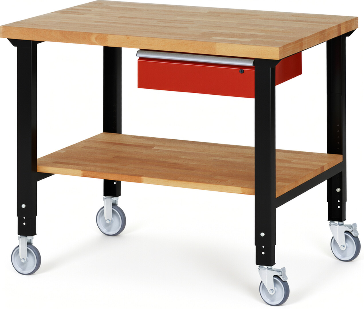 RAU Werkbank schwarz - rot - Breite 125 cm - Tiefe 90 cm - Höhe 100 cm - Buche-Massiv Arbeitsplatte 40 mm