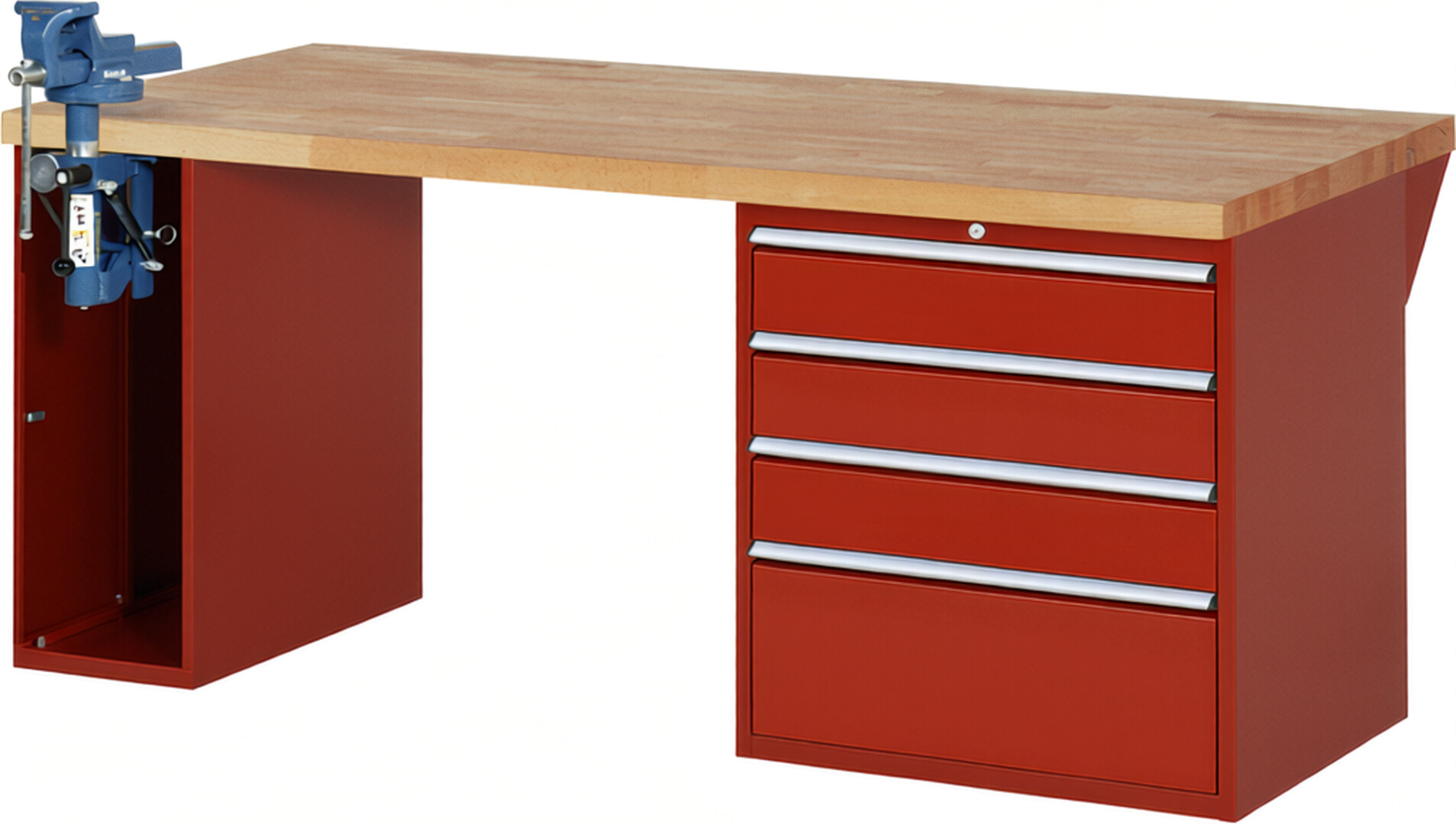 Werkbank Modell 7610 rot, BxTxH 2000x900x890 mm,  Buche-Massiv Arbeitsplatte 40 mm,  4 Schubladen mit  Auszug 90 %