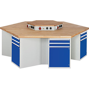 Gruppenwerkbank, Breite 270 cm, Tiefe 234 cm, Höhe 84 cm, 12 Schublade(n), Platte: Buche-Riegel