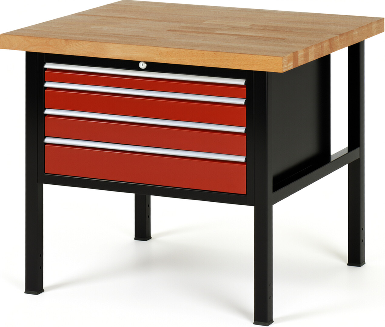 RAU Werkbank schwarz - rot - Breite 100 cm - Tiefe 90 cm - Höhe 104 cm - Buche-Massiv Arbeitsplatte 40 mm