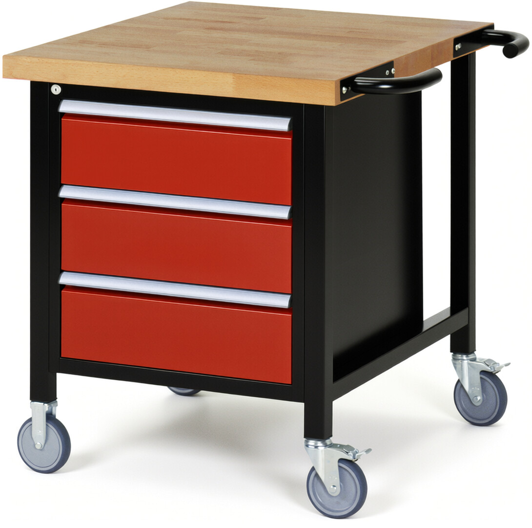 RAU Werkbank schwarz - rot - Breite 75 cm - Tiefe 90 cm - Höhe 108 cm - Buche-Massiv Arbeitsplatte 40 mm