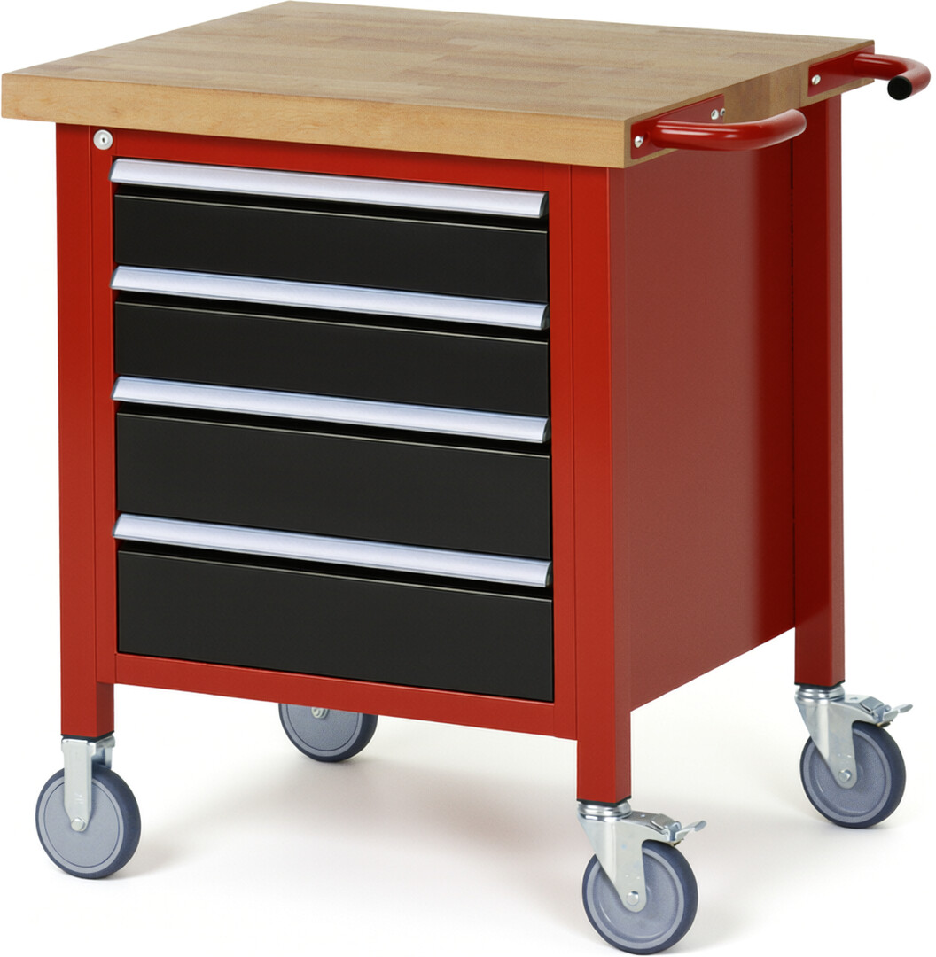 Fahrbare Werkbank Modell 8162 rot - schwarz, BxTxH 750x700x880 mm,  Buche-Massiv Arbeitsplatte 40 mm,  4 Schubladen mit  Vollauszug 100 % und  SoftClosing