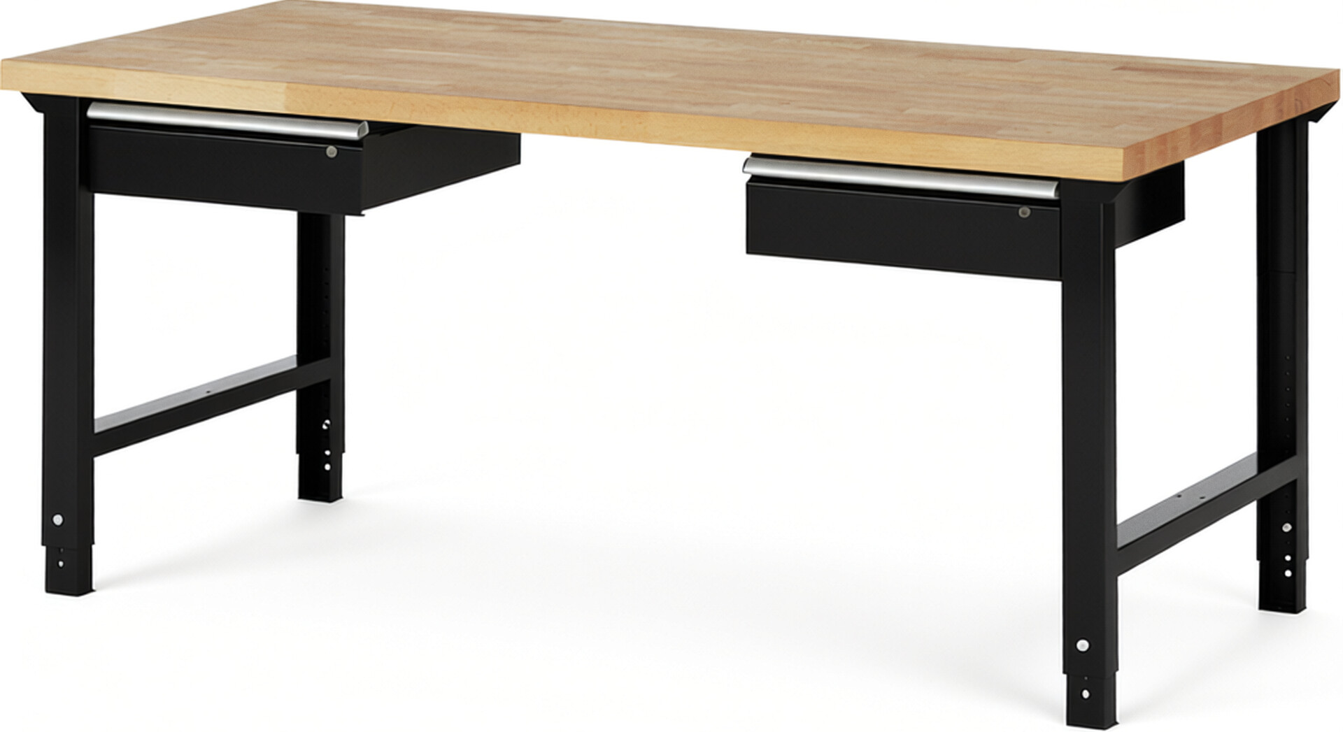 Werkbank Modell 7002 schwarz, BxTxH 2000x900x790-1140 mm,  Buche-Massiv Arbeitsplatte 40 mm,  2 Schubladen mit  Auszug 90 %