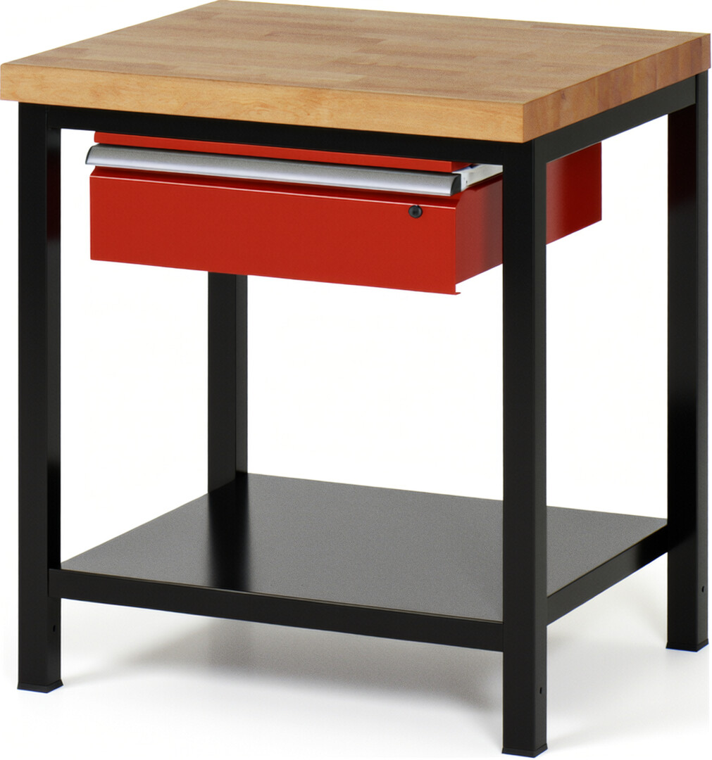 RAU Werkbank schwarz - rot - Breite 75 cm - Tiefe 70 cm - Höhe 104 cm - Buche-Massiv Arbeitsplatte 40 mm