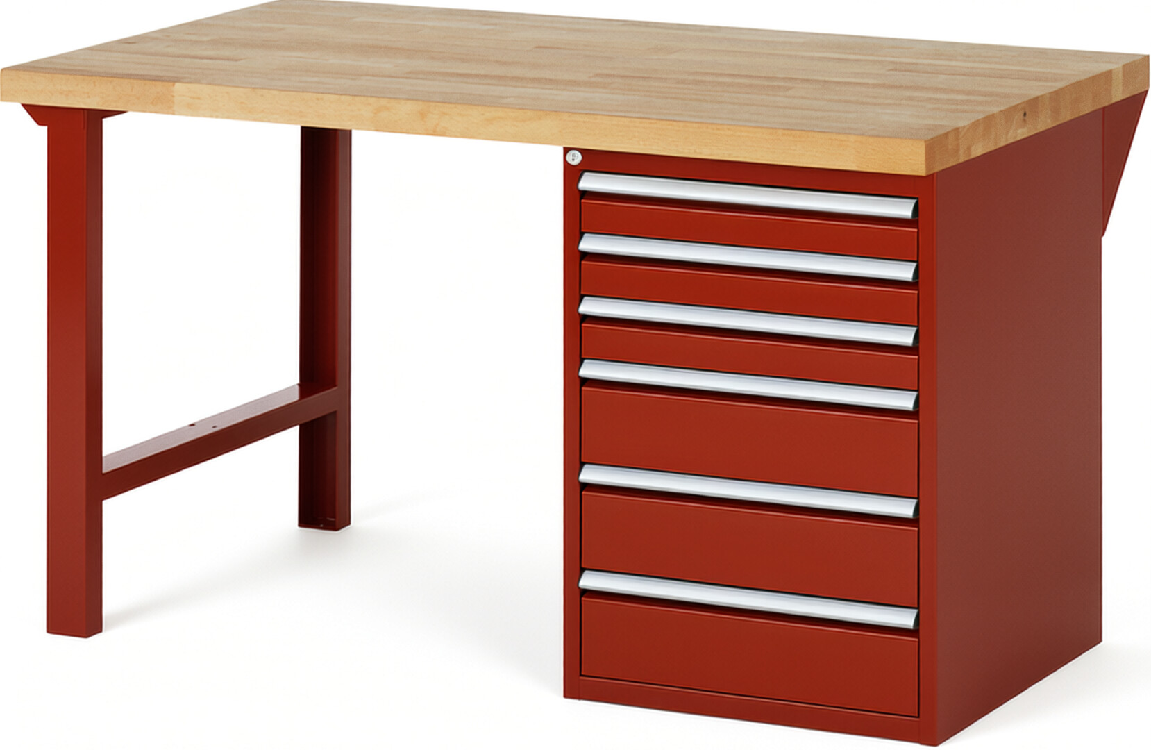 Werkbank Modell 7515 rot, BxTxH 1500x900x890 mm,  Buche-Massiv Arbeitsplatte 40 mm,  6 Schubladen mit  Vollauszug 100 % und  SoftClosing