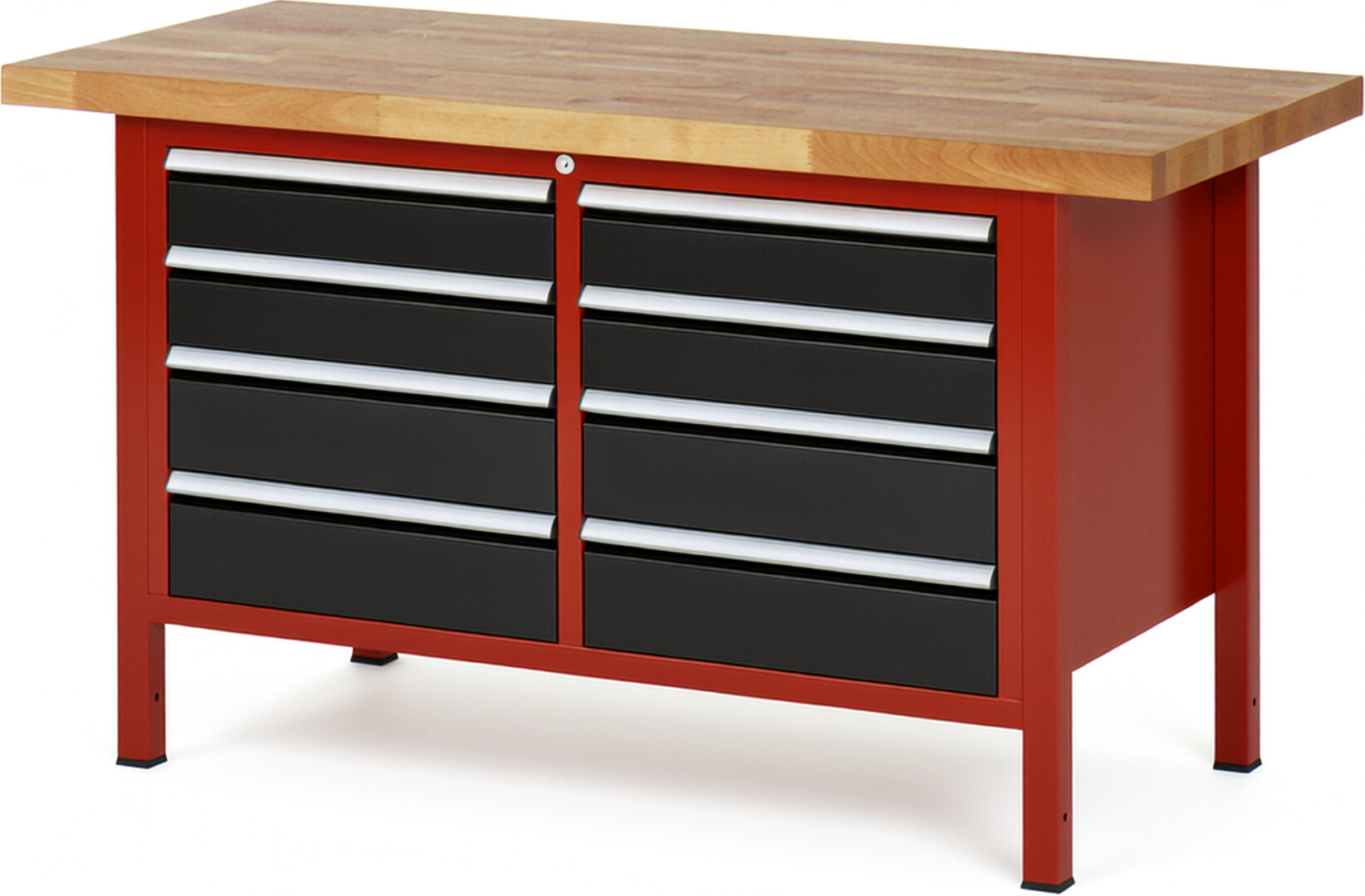 Werkbank Modell 8477 rot - schwarz, BxTxH 1500x700x840 mm,  Buche-Massiv Arbeitsplatte 40 mm,  8 Schubladen mit  Vollauszug 100 % und  SoftClosing