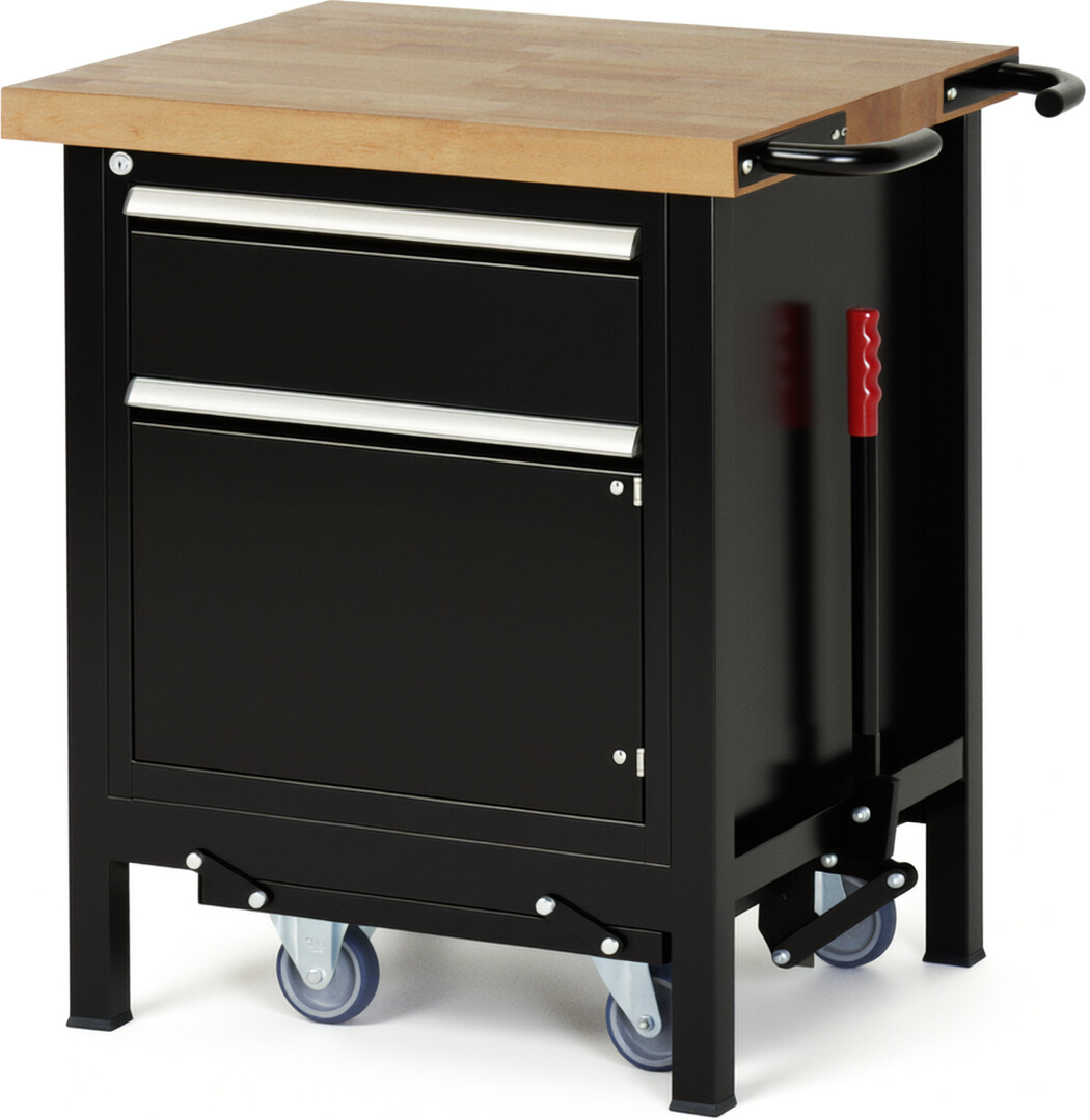 Absenkbare Werkbank Modell 8152 schwarz, BxTxH 750x700x880 mm,  Buche-Massiv Arbeitsplatte 40 mm,  1 Schublade mit  Auszug 90 %