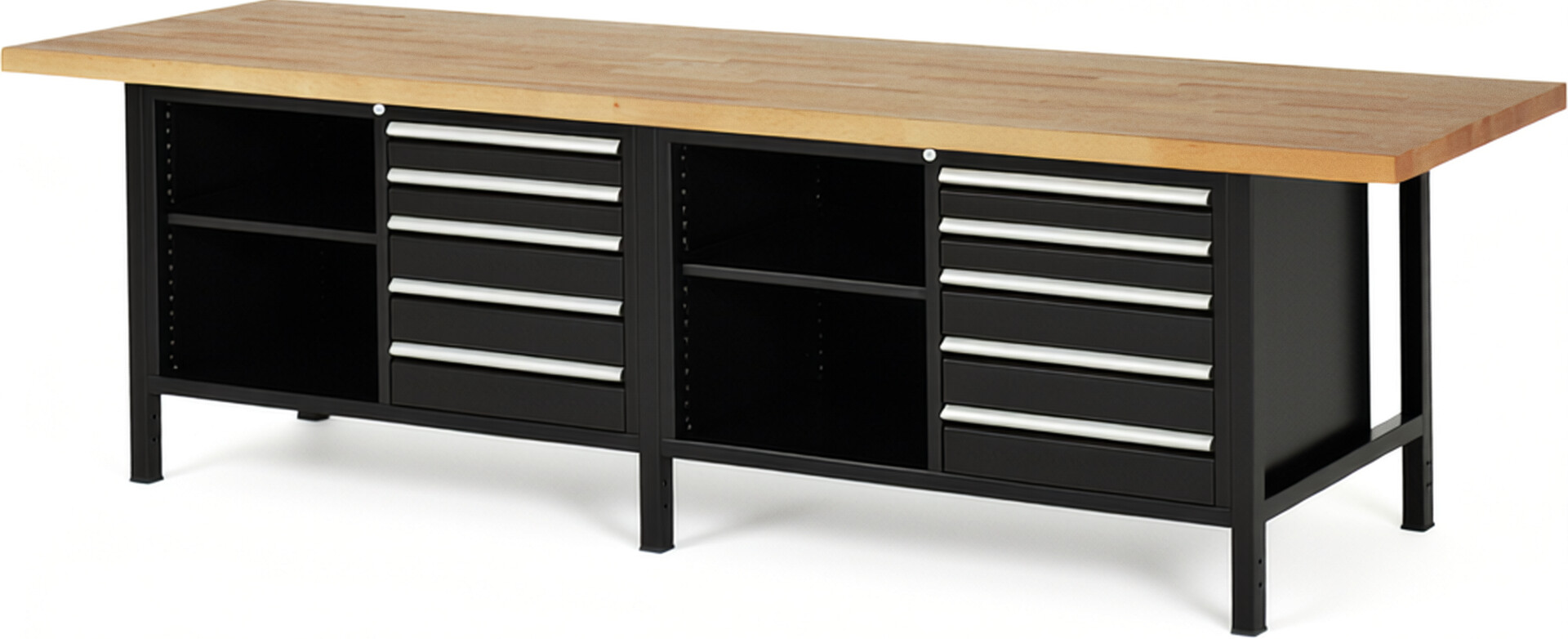 Werkbank Modell 8464 schwarz, BxTxH 3000x900x840 mm,  Buche-Massiv Arbeitsplatte 40 mm,  10 Schubladen mit  Vollauszug 100 % und  SoftClosing