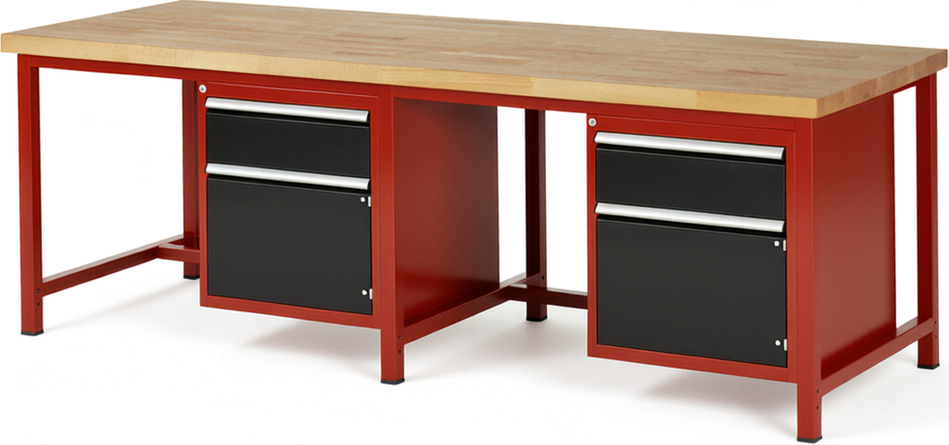 Werkbank Modell 8152 rot - schwarz, BxTxH 2500x900x840-1040 mm,  Buche-Massiv Arbeitsplatte 40 mm,  2 Schubladen mit  Auszug 90 %