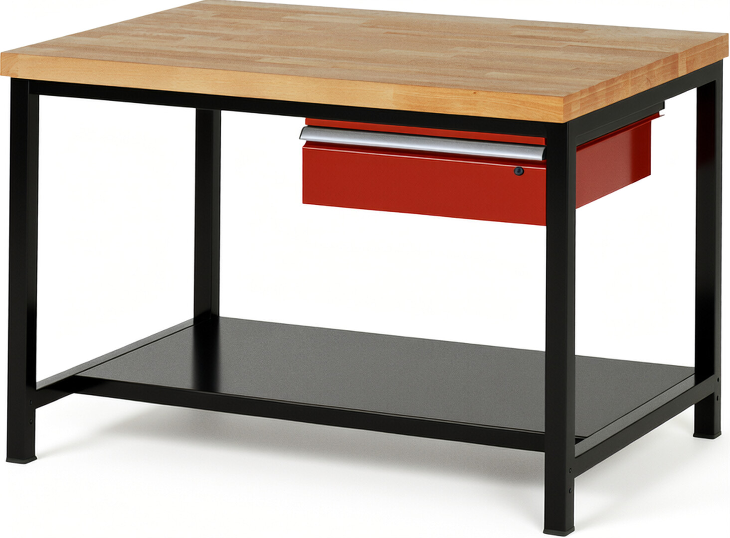 RAU Werkbank schwarz - rot - Breite 125 cm - Tiefe 90 cm - Höhe 104 cm - Buche-Massiv Arbeitsplatte 40 mm