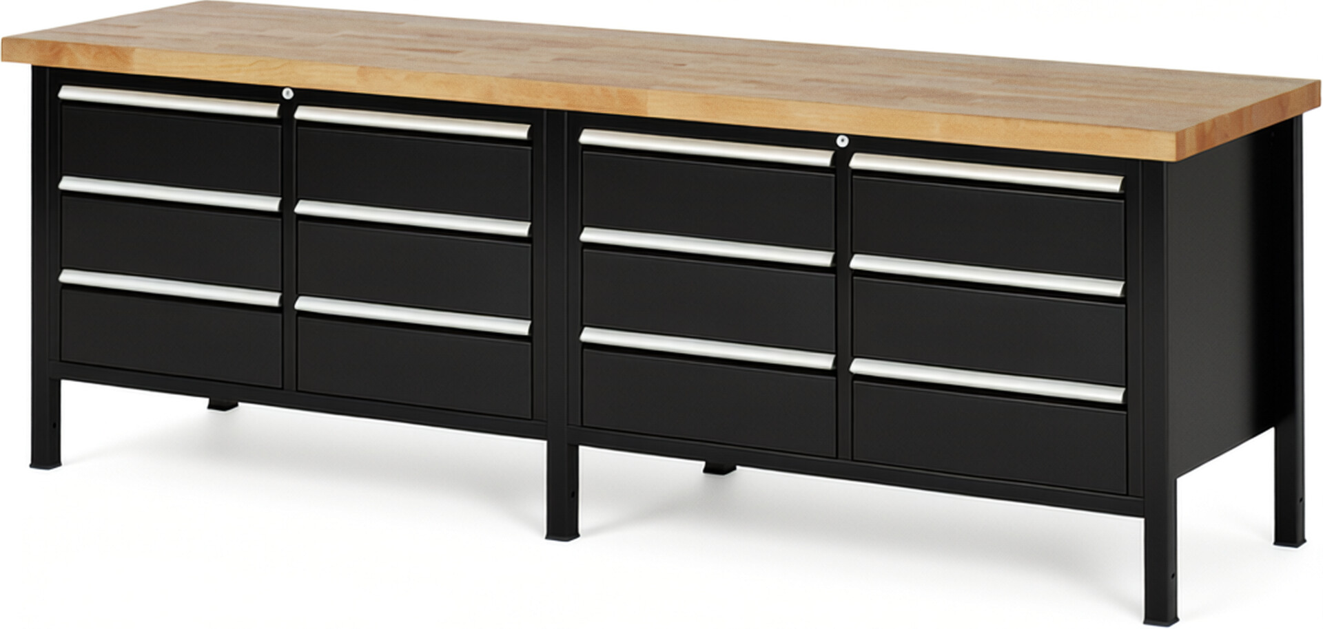 Werkbank Modell 8473 schwarz, BxTxH 2500x700x840-1040 mm,  Buche-Massiv Arbeitsplatte 40 mm,  12 Schubladen mit  Vollauszug 100 % und  SoftClosing