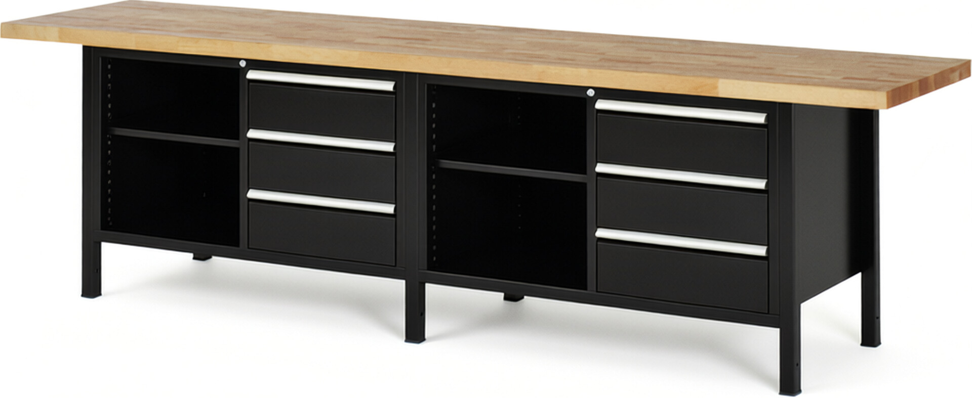 Werkbank Modell 8462 schwarz, BxTxH 3000x700x840 mm,  Buche-Massiv Arbeitsplatte 40 mm,  6 Schubladen mit  Vollauszug 100 % und  SoftClosing