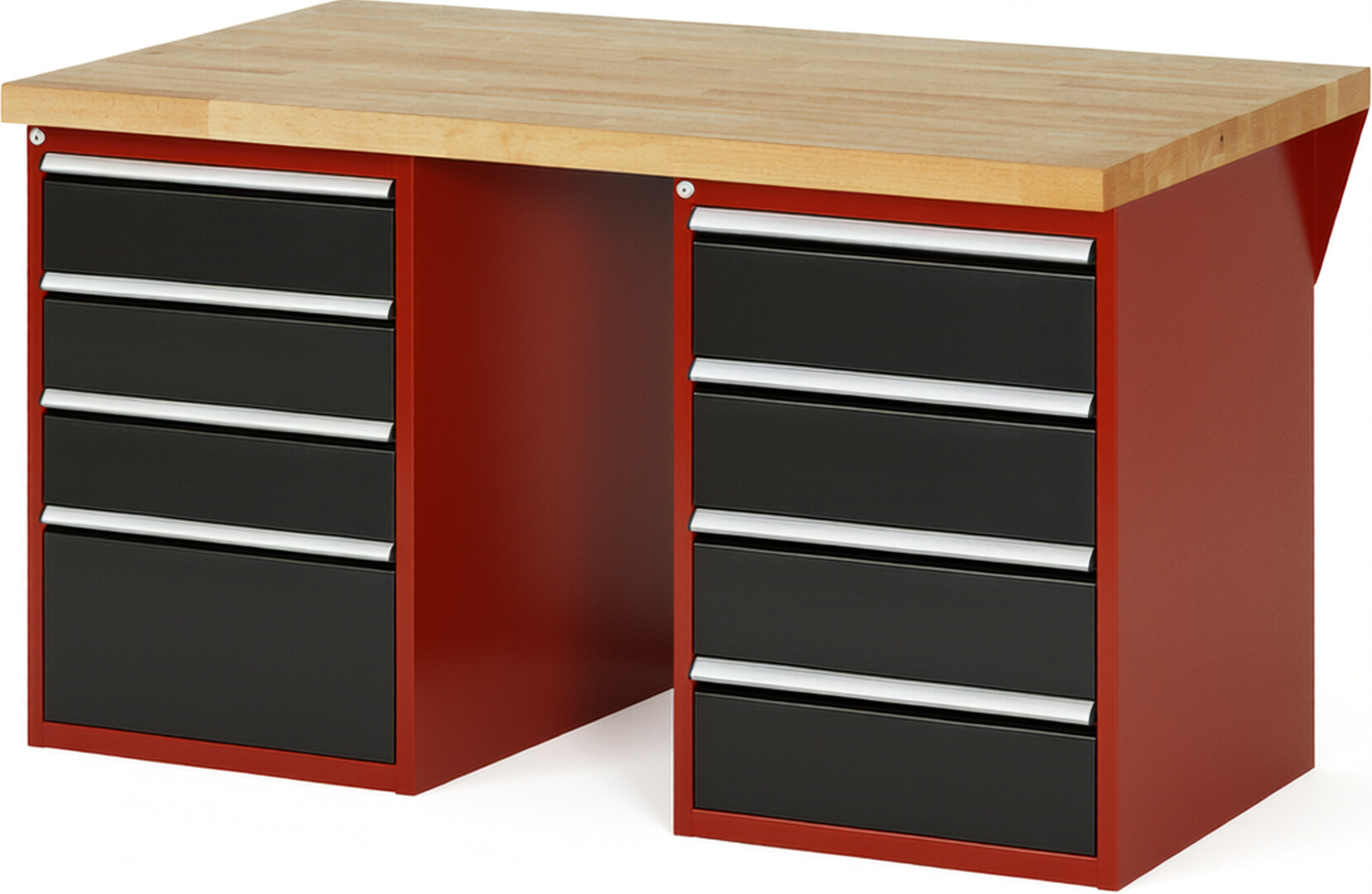 Werkbank Modell 7820 rot - schwarz, BxTxH 1500x900x890 mm,  Buche-Massiv Arbeitsplatte 40 mm,  8 Schubladen mit  Vollauszug 100 % und  SoftClosing