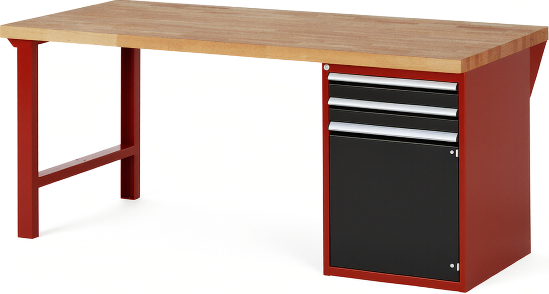 Werkbank Modell 7503 rot - schwarz, BxTxH 2000x900x890 mm,  Buche-Massiv Arbeitsplatte 40 mm,  2 Schubladen mit  Vollauszug 100 % und  SoftClosing