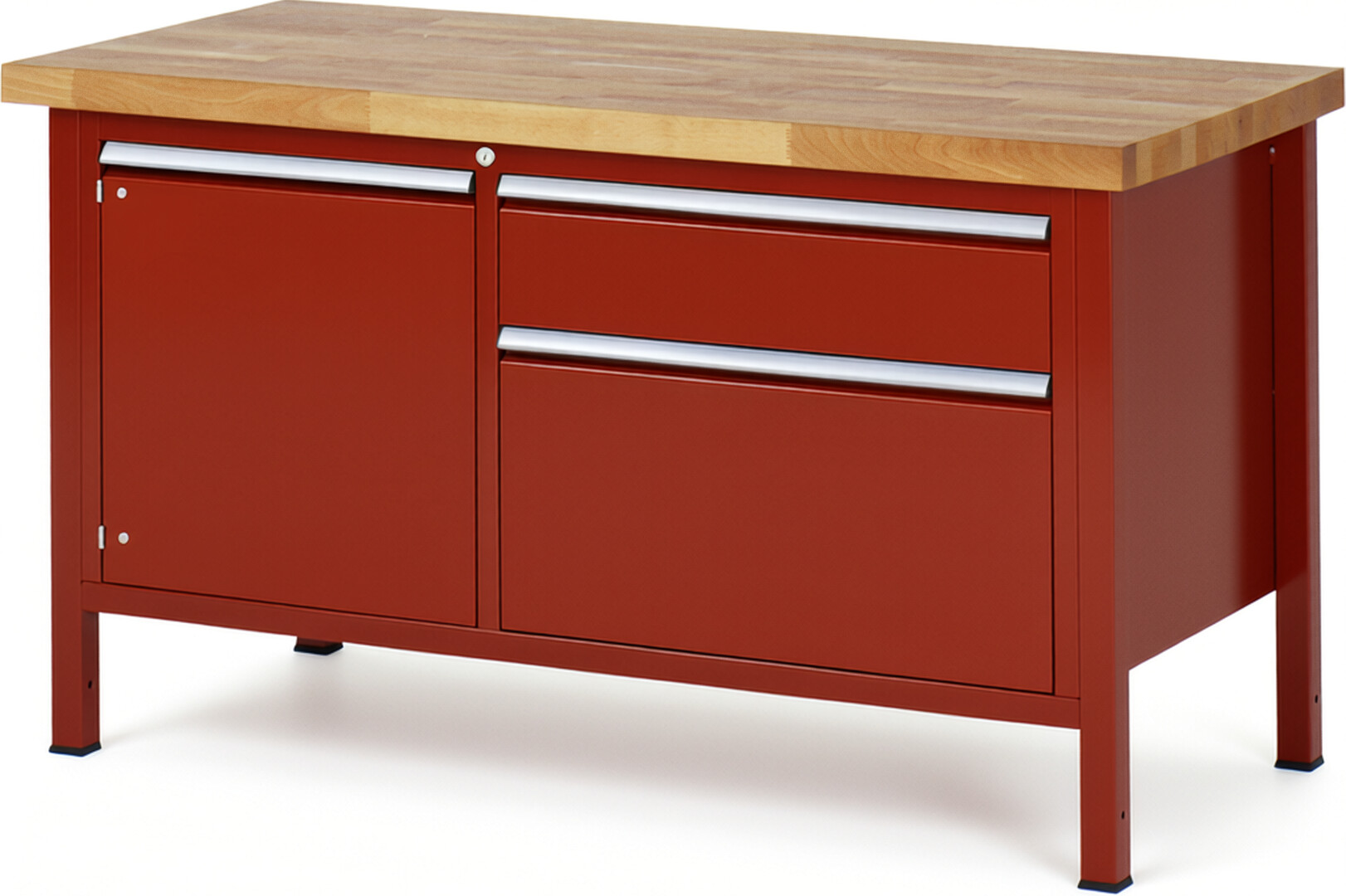 Werkbank Modell 8651 rot, BxTxH 1500x700x840 mm,  Buche-Massiv Arbeitsplatte 40 mm,  2 Schubladen mit  Vollauszug 100 % und  SoftClosing