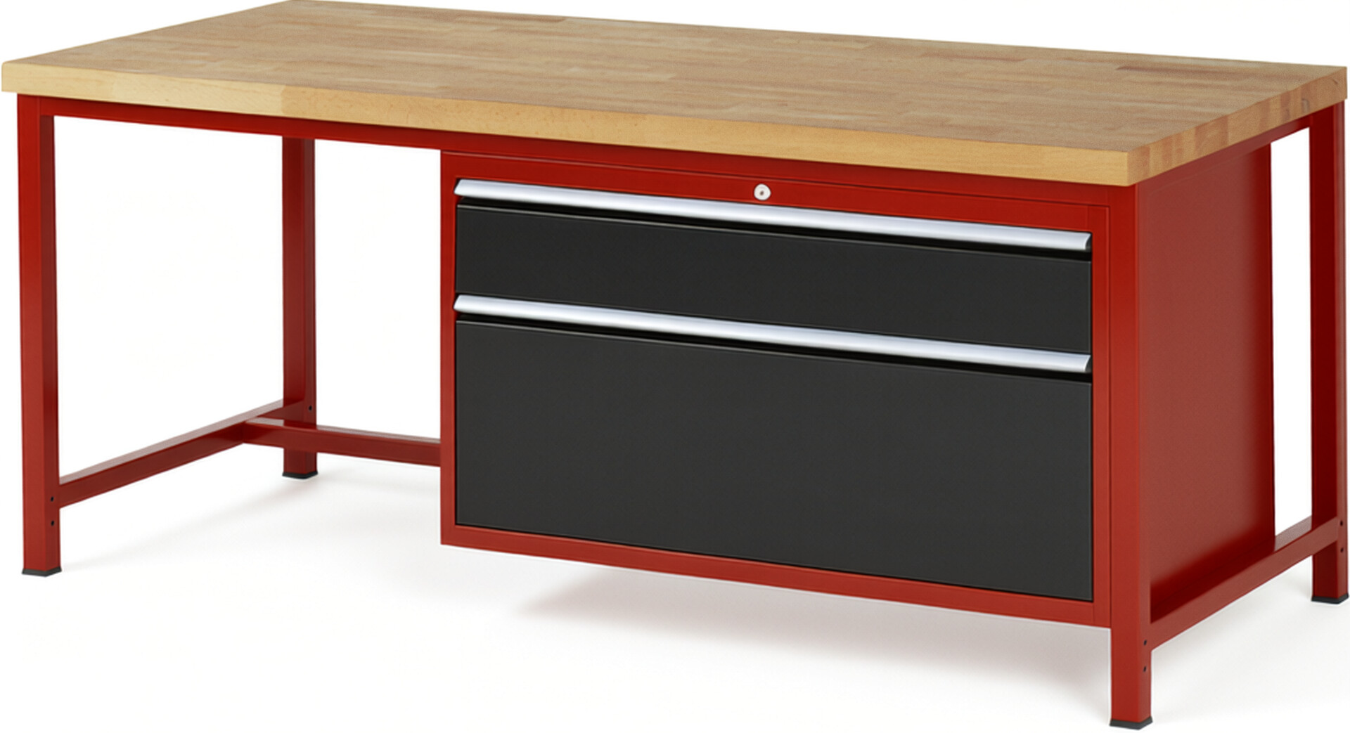 Werkbank Modell 8356 rot - schwarz, BxTxH 2000x900x840 mm,  Buche-Massiv Arbeitsplatte 40 mm,  2 Schubladen mit  Vollauszug 100 % und  SoftClosing