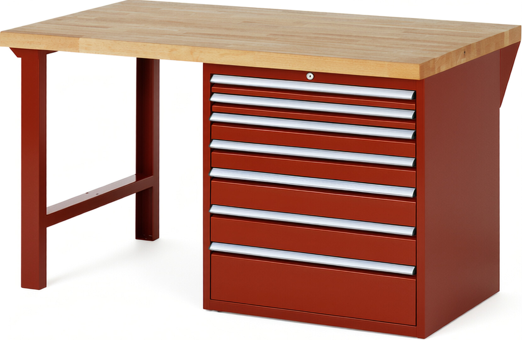 Werkbank Modell 7617 rot, BxTxH 1500x900x890 mm,  Buche-Massiv Arbeitsplatte 40 mm,  7 Schubladen mit  Auszug 90 %