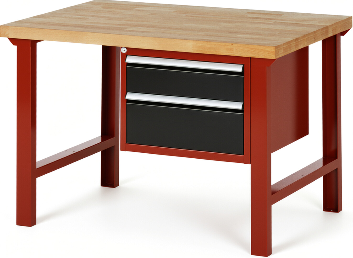 Werkbank Modell 7123 rot - schwarz, BxTxH 1250x900x840 mm,  Buche-Massiv Arbeitsplatte 40 mm,  2 Schubladen mit  Vollauszug 100 % und  SoftClosing