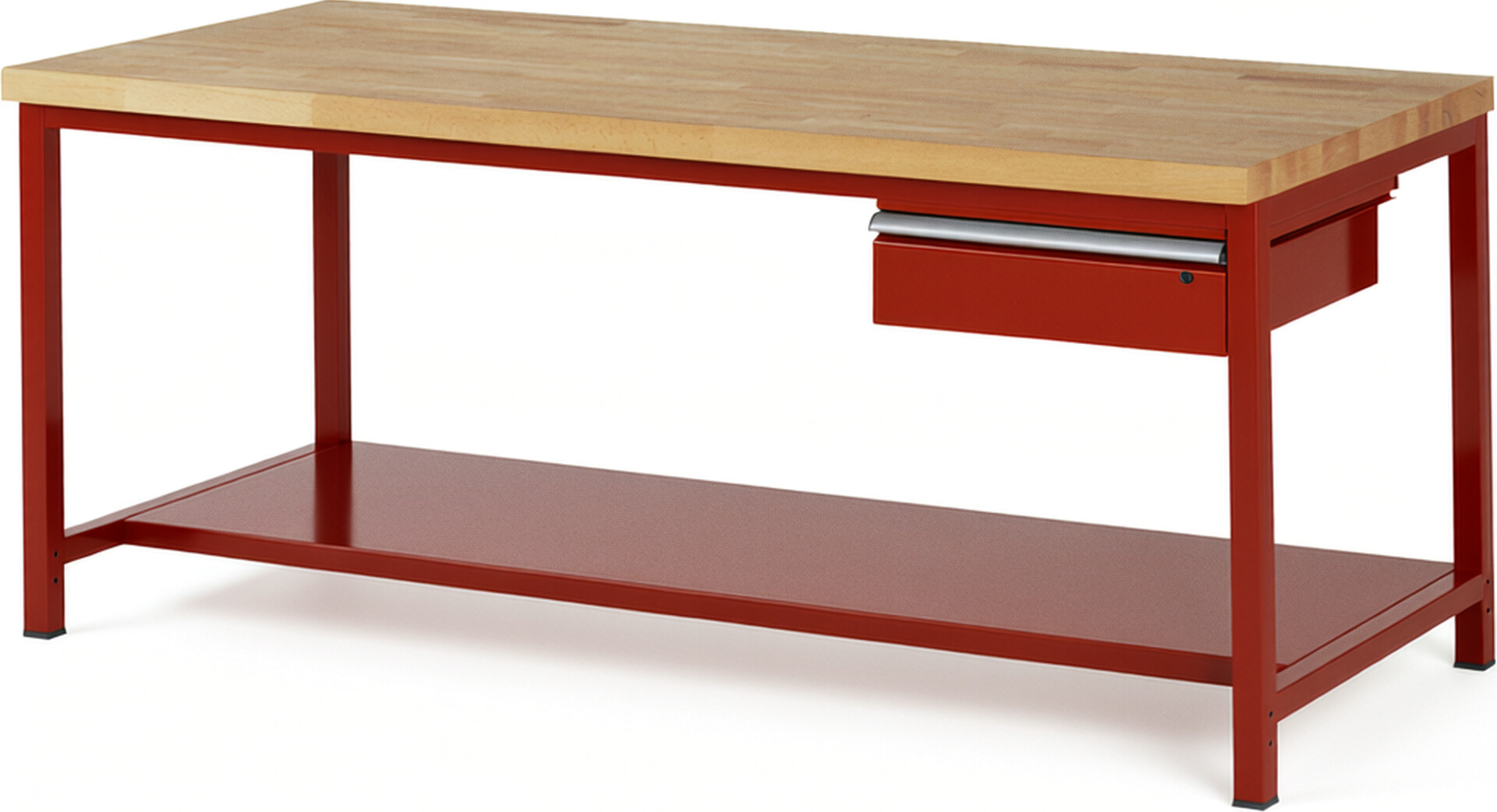 Werkbank Modell 8001 rot, BxTxH 2000x900x840 mm,  Buche-Massiv Arbeitsplatte 40 mm,  1 Schublade mit  Auszug 90 %