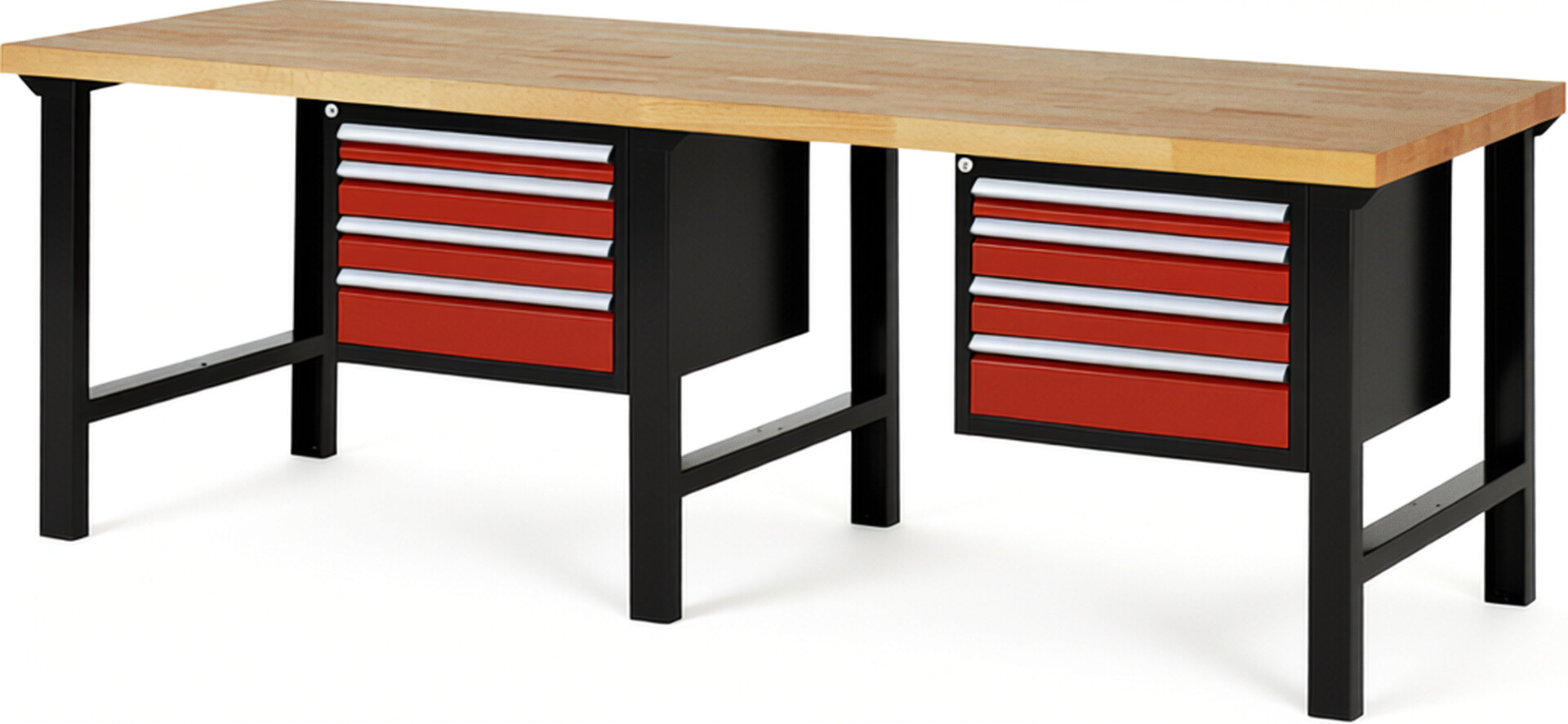 RAU Werkbank schwarz - rot - Breite 250 cm - Tiefe 90 cm - Höhe 84 cm - Buche-Massiv Arbeitsplatte 40 mm