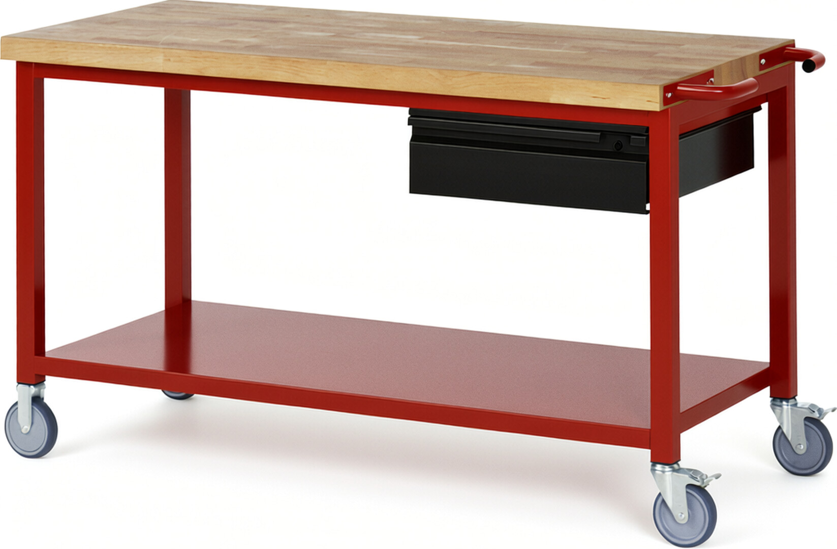 Fahrbare Werkbank - Modell 8001 BASIC rot - schwarz, BxTxH 1500x700x880 mm,  Buche-Massiv Arbeitsplatte 40 mm,  1 Schublade mit  Auszug 90 %
