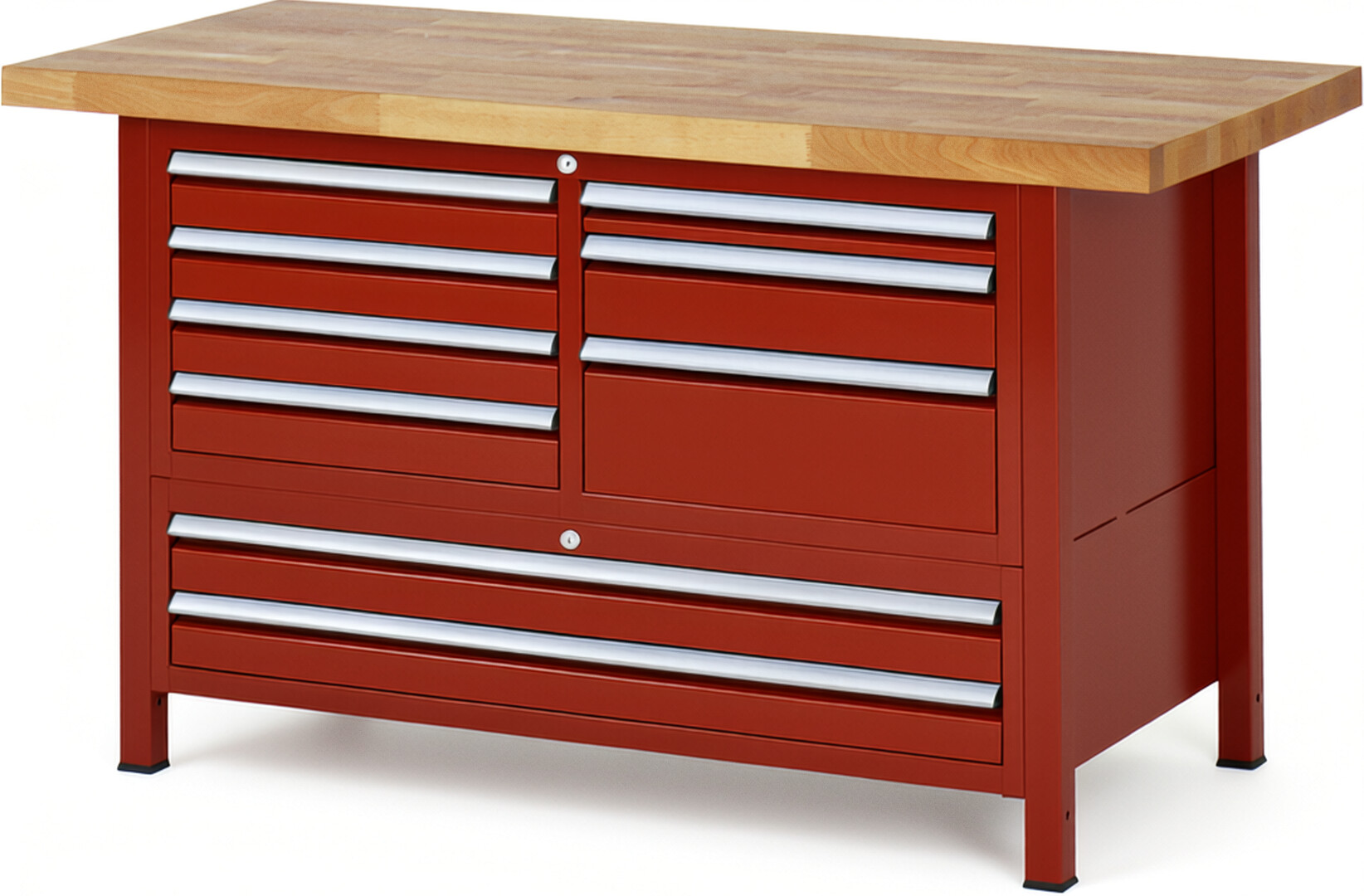 Werkbank Modell 8933 rot, BxTxH 1500x700x840 mm,  Buche-Massiv Arbeitsplatte 40 mm,  9 Schubladen mit  Auszug 90 %