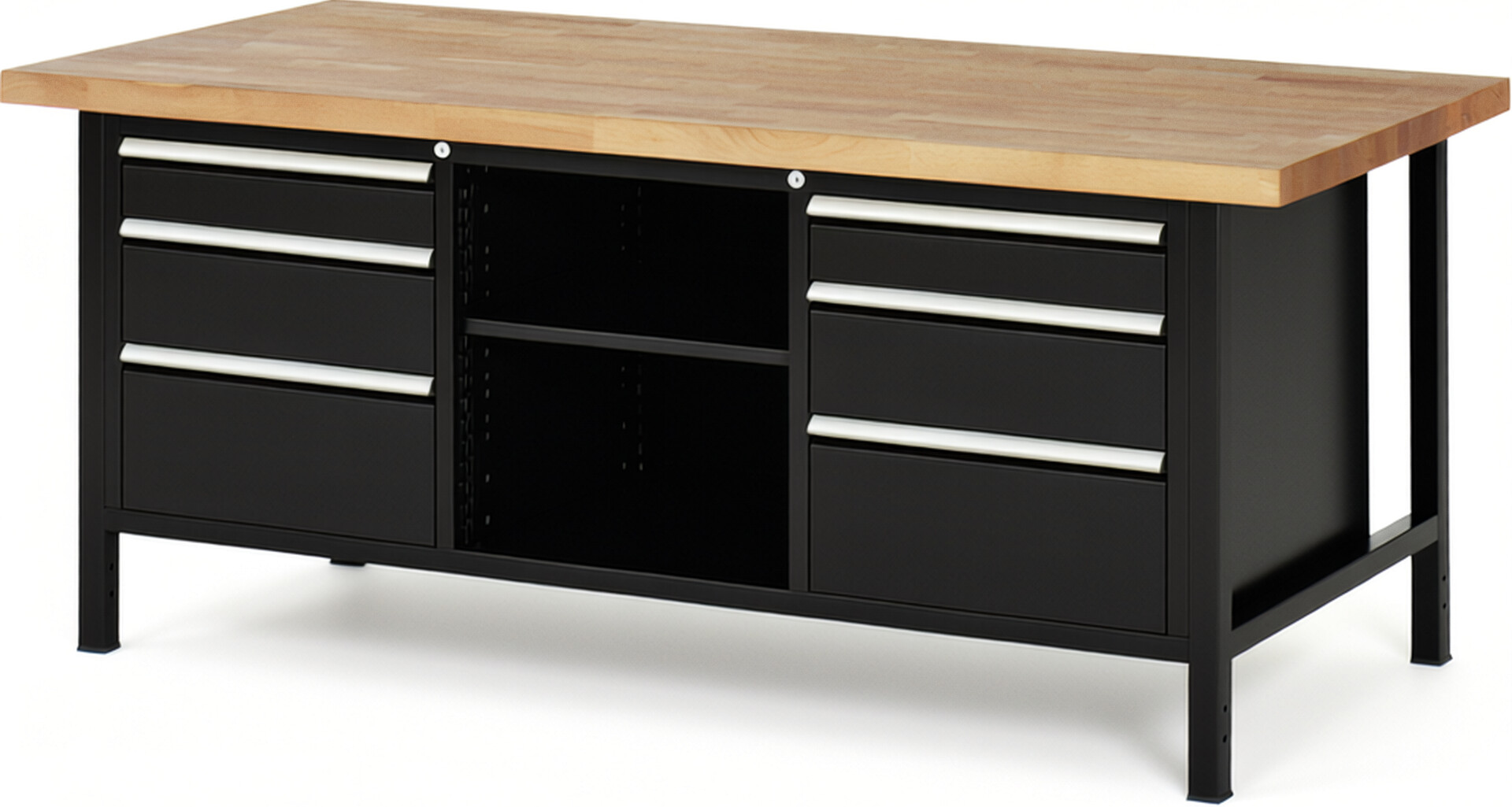 Werkbank Modell 8564 schwarz, BxTxH 2000x900x840 mm,  Buche-Massiv Arbeitsplatte 40 mm,  6 Schubladen mit  Vollauszug 100 % und  SoftClosing