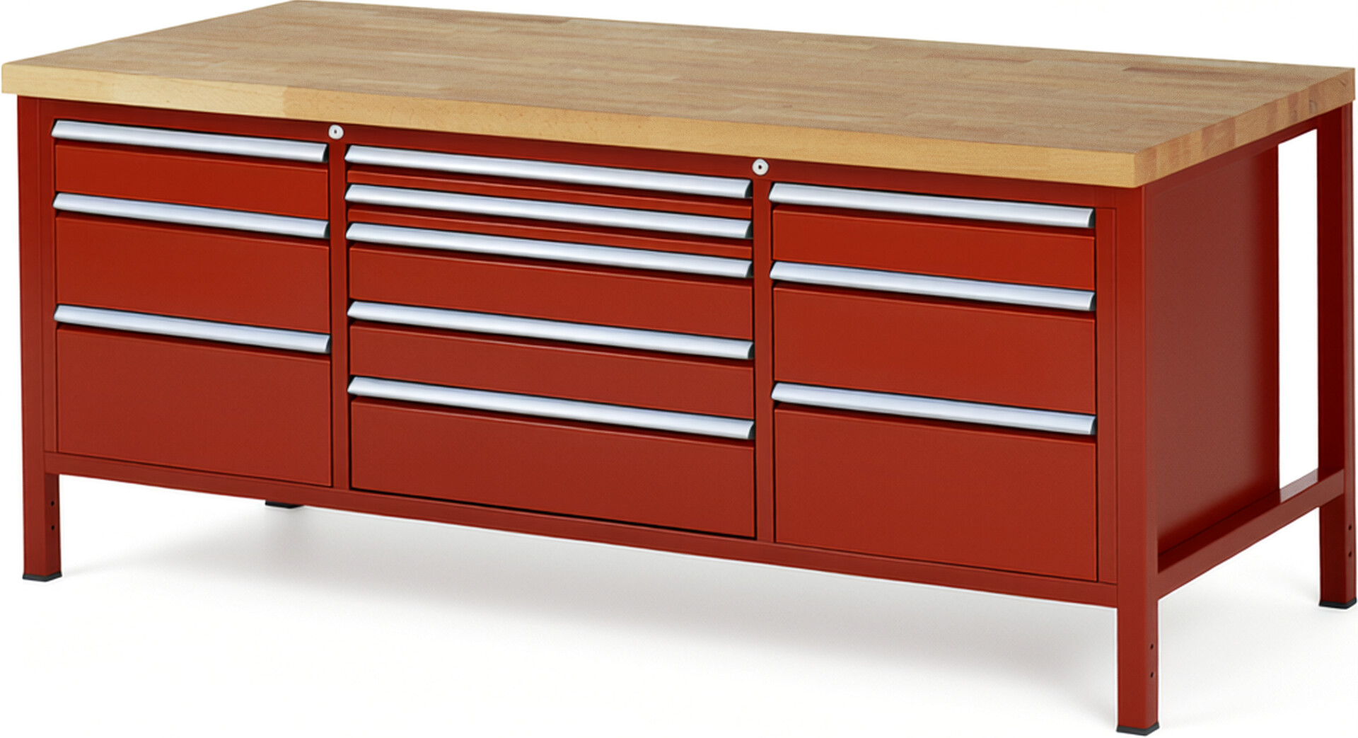 Werkbank Modell 8758 rot, BxTxH 2000x900x840 mm,  Buche-Massiv Arbeitsplatte 40 mm,  11 Schubladen mit  Auszug 90 %