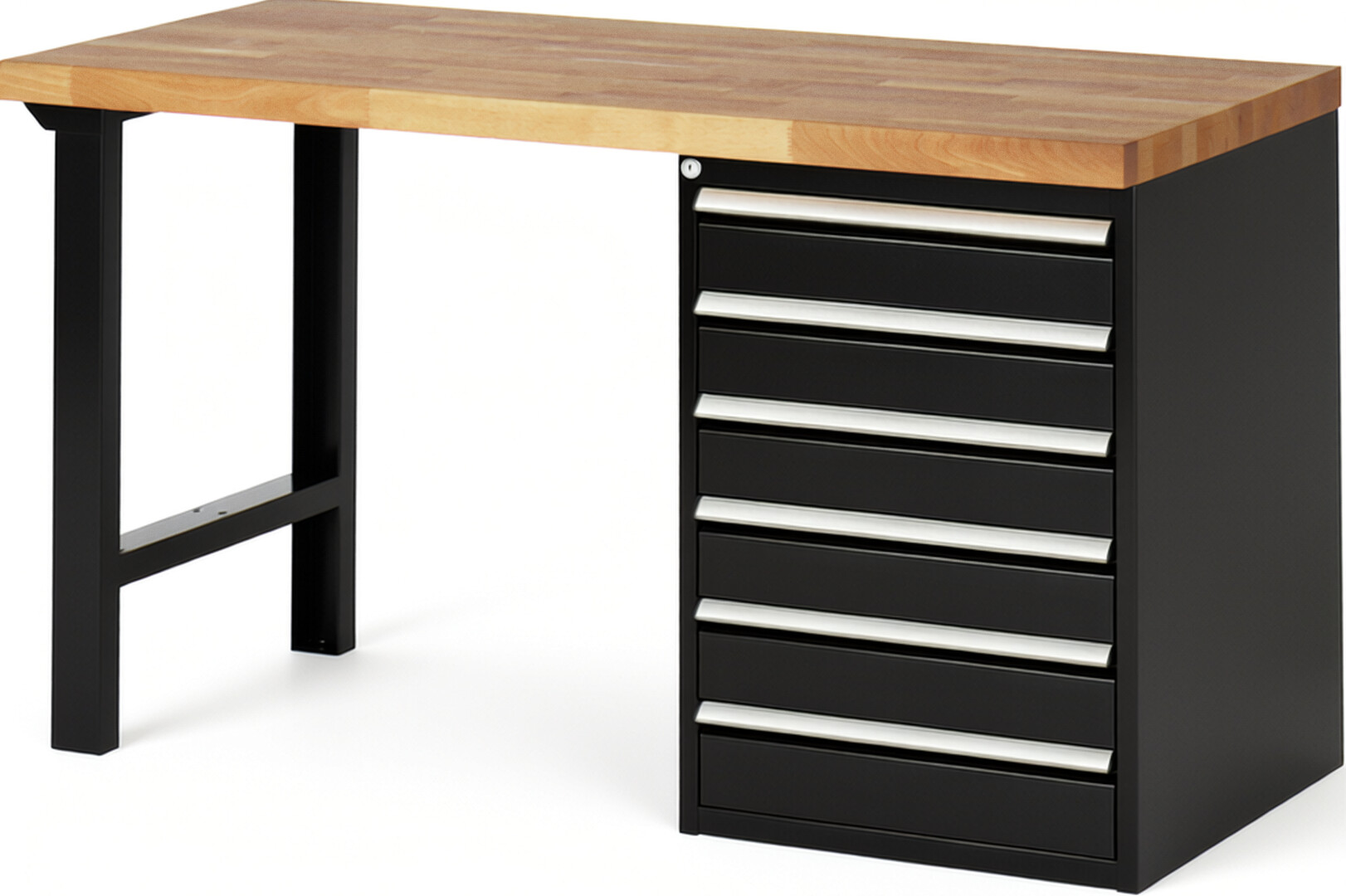 Werkbank Modell 7516 schwarz, BxTxH 1500x700x890 mm,  Buche-Massiv Arbeitsplatte 40 mm,  6 Schubladen mit  Auszug 90 %
