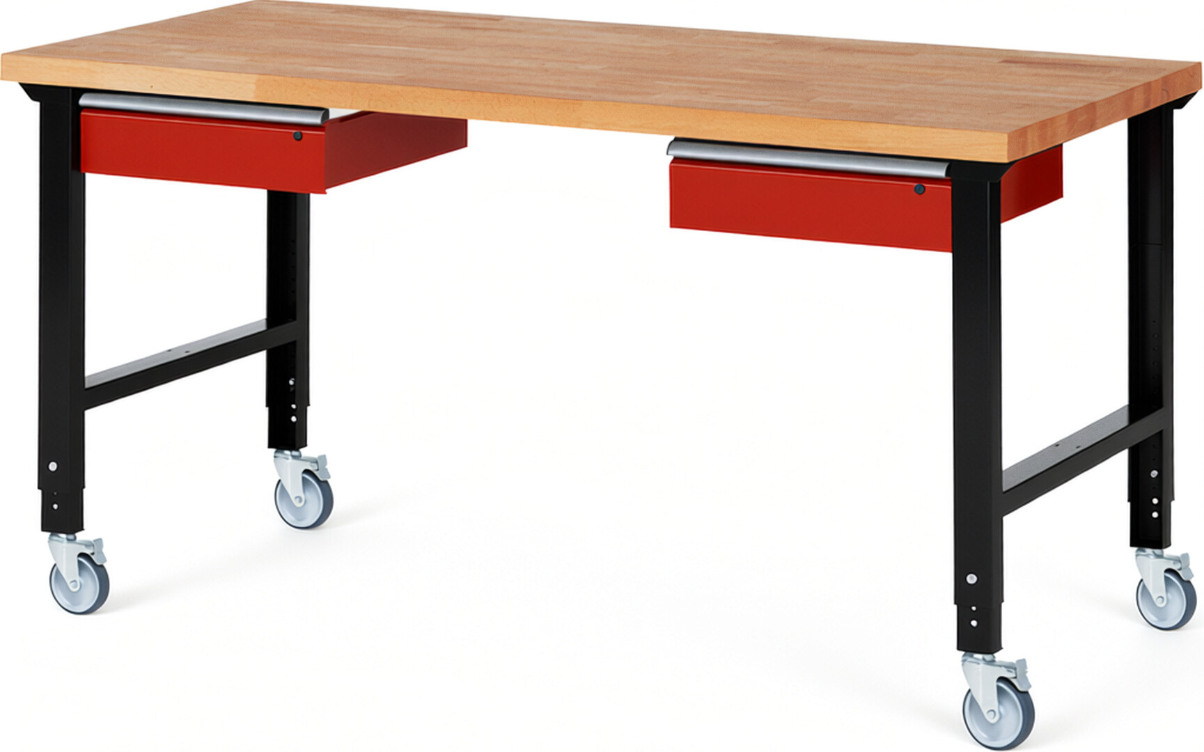 RAU Werkbank schwarz - rot - Breite 200 cm - Tiefe 90 cm - Höhe 100 cm - Buche-Massiv Arbeitsplatte 40 mm