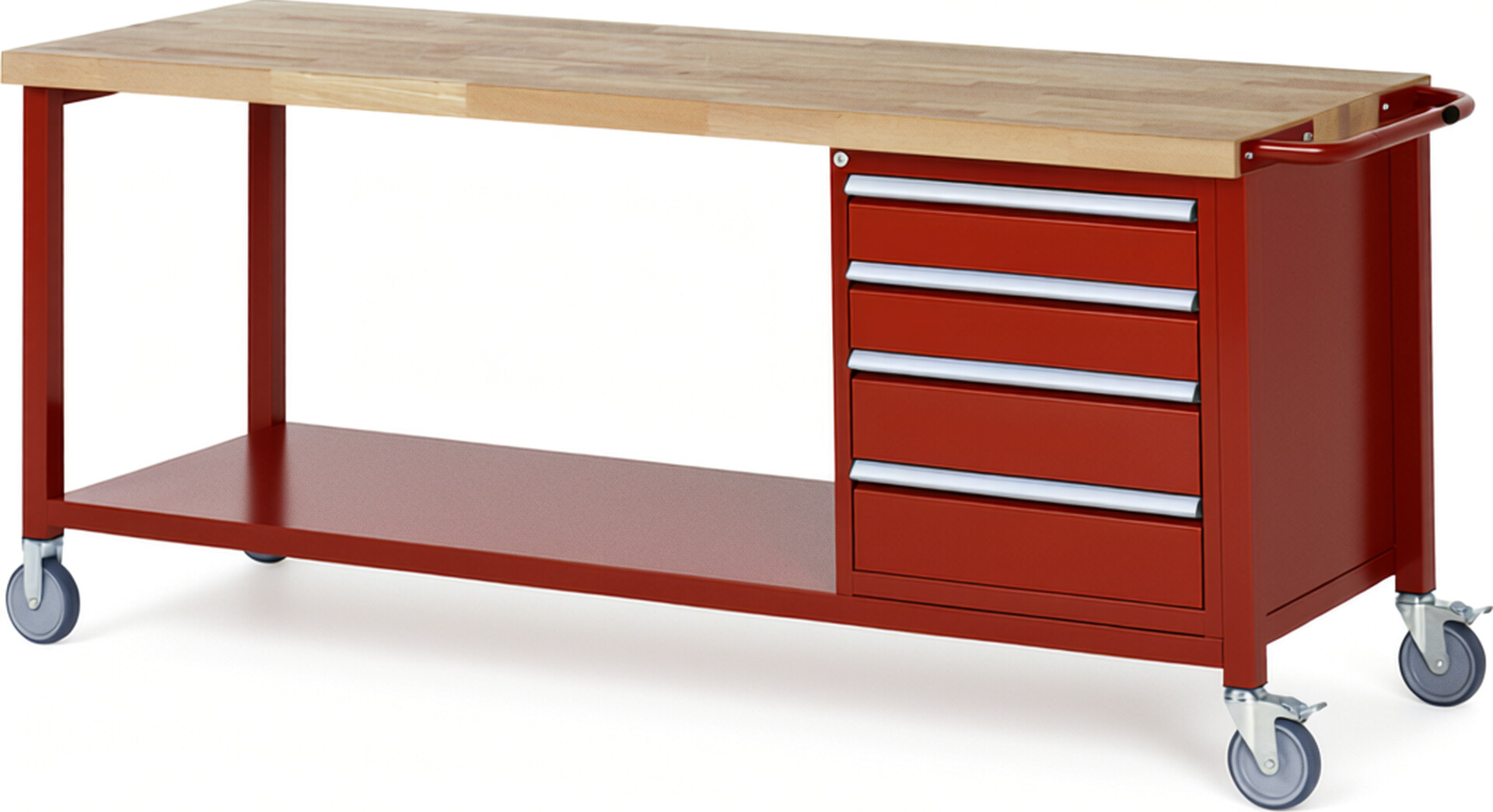 Fahrbare Werkbank Modell 8162 rot, BxTxH 2000x700x880-1080 mm,  Buche-Massiv Arbeitsplatte 40 mm,  4 Schubladen mit  Auszug 90 %