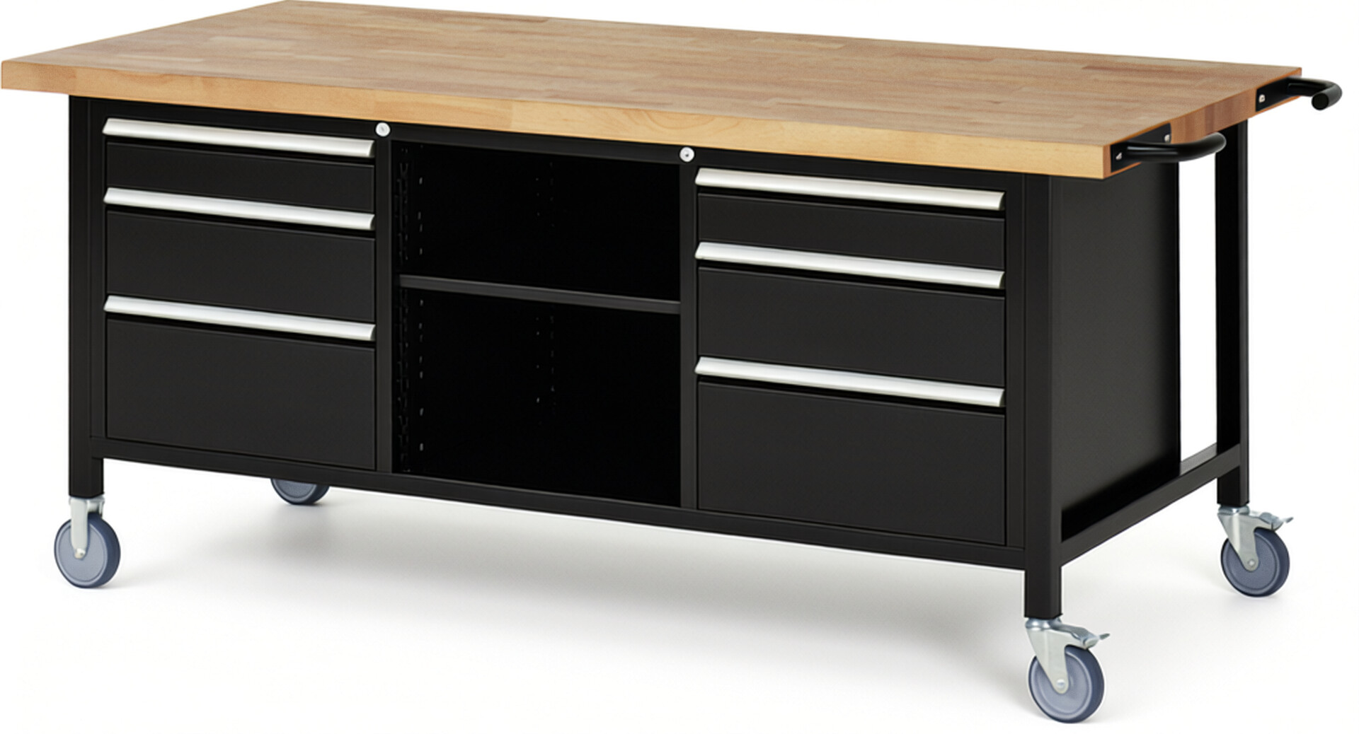 Fahrbare Werkbank Modell 8564 schwarz, BxTxH 2000x900x880-1080 mm,  Buche-Massiv Arbeitsplatte 40 mm,  6 Schubladen mit  Vollauszug 100 % und  SoftClosing