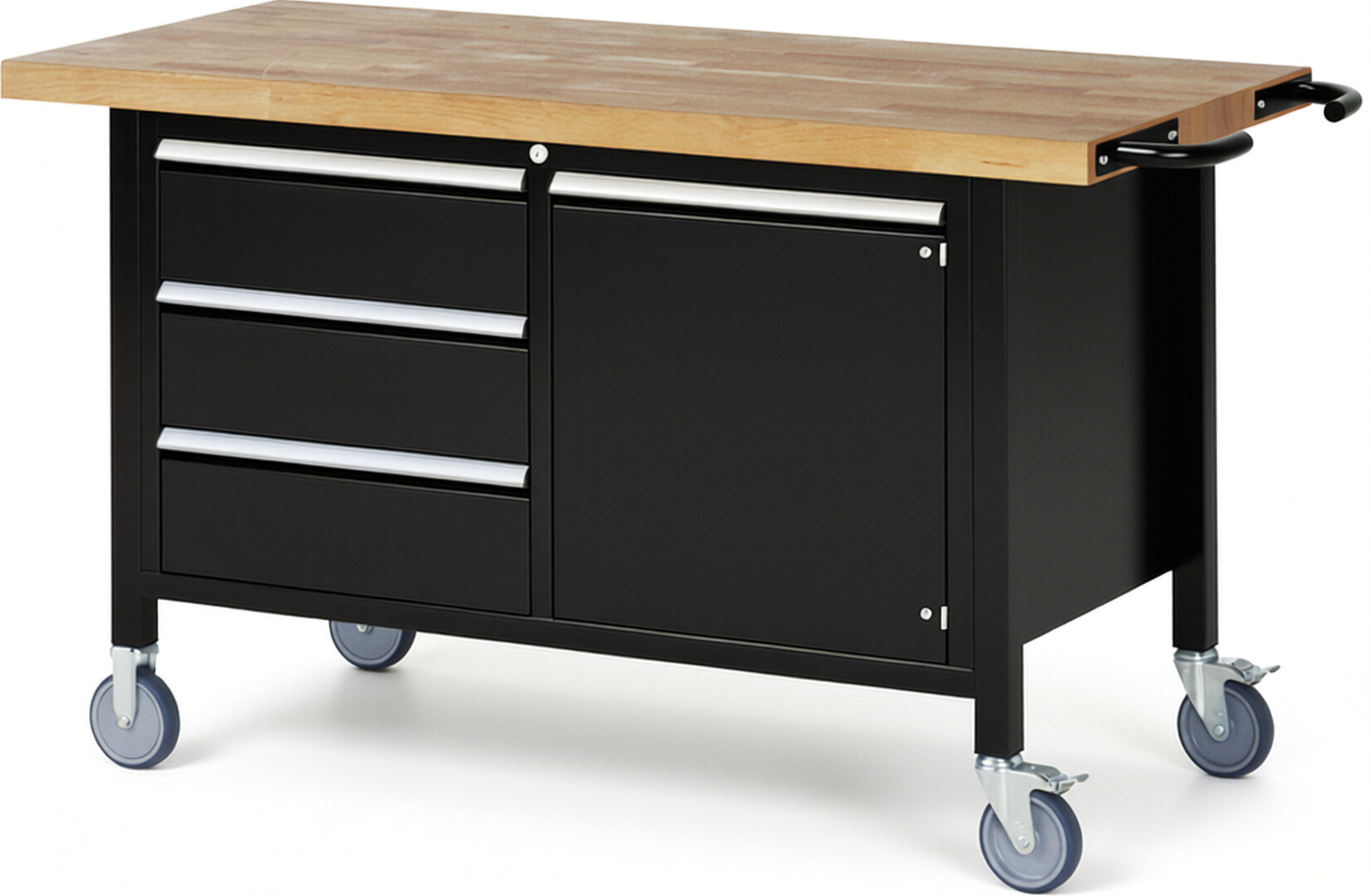 Fahrbare Werkbank Modell 8468 schwarz, BxTxH 1500x700x880 mm,  Buche-Massiv Arbeitsplatte 40 mm,  3 Schubladen mit  Vollauszug 100 % und  SoftClosing