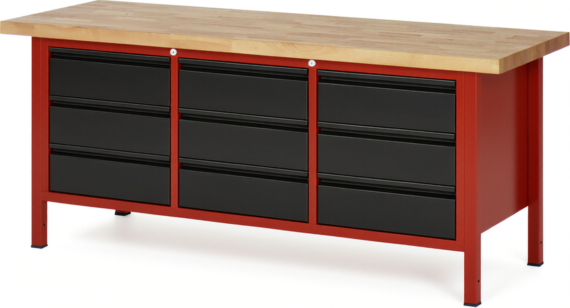 Werkbank rot - schwarz, BxTxH 2000x700x840-1040 mm, Platte Buche 40 mm, 9 Schbladen 180 mm,  RAL 7035/5010