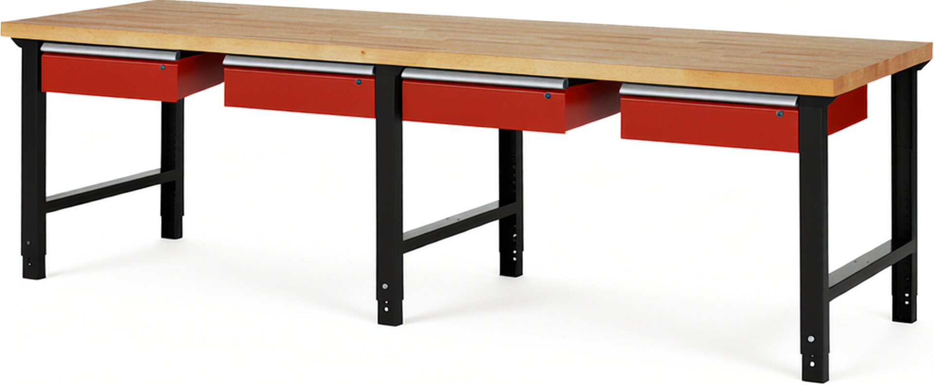 RAU Werkbank schwarz - rot - Breite 300 cm - Tiefe 90 cm - Höhe 114 cm - Buche-Massiv Arbeitsplatte 40 mm