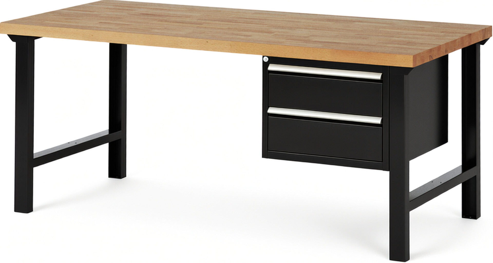 Werkbank Modell 7125 schwarz, BxTxH 2000x900x840 mm,  Buche-Massiv Arbeitsplatte 40 mm,  2 Schubladen mit  Auszug 90 %
