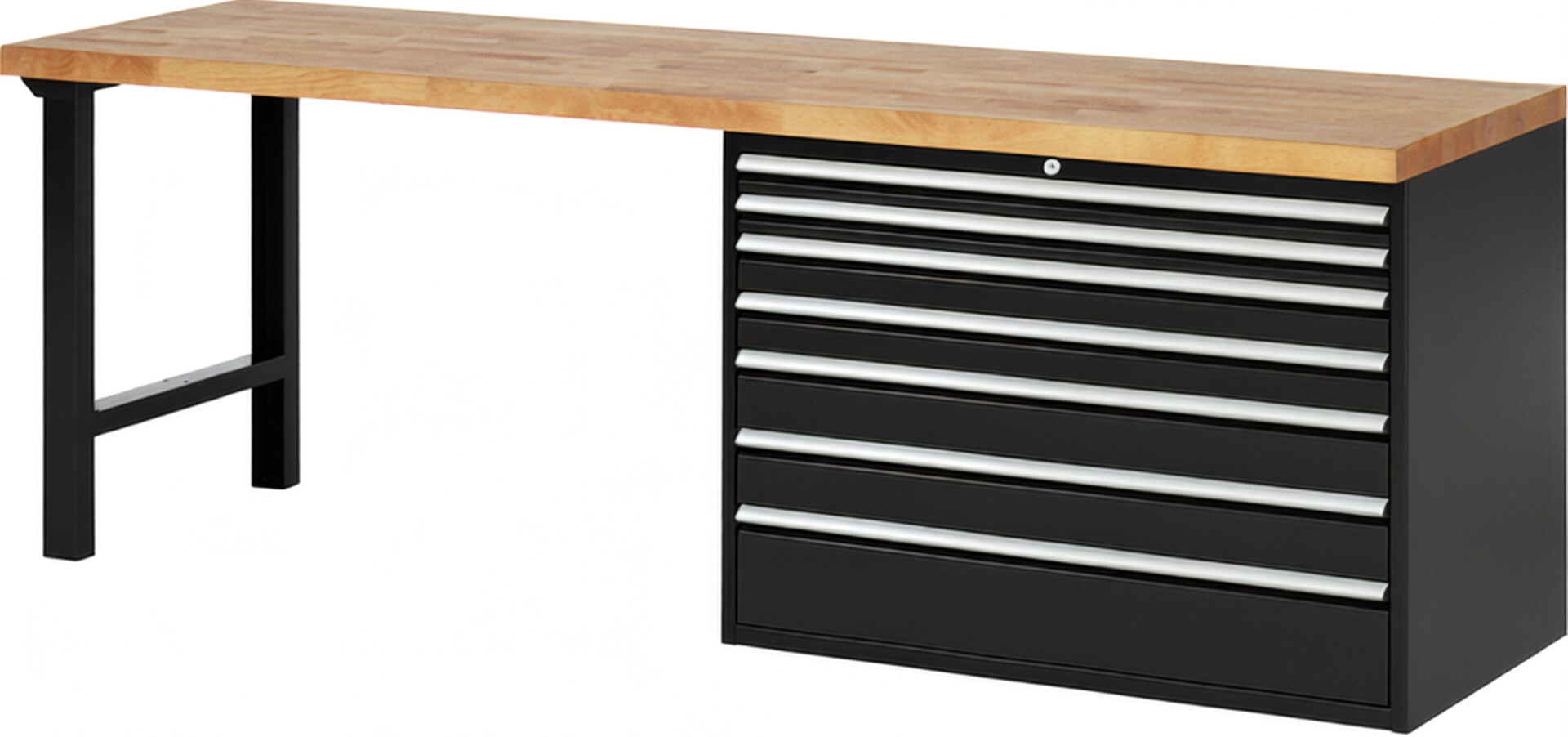 Werkbank Modell 7717 schwarz, BxTxH 2500x700x890 mm,  Buche-Massiv Arbeitsplatte 40 mm,  7 Schubladen mit  Vollauszug 100 % und  SoftClosing