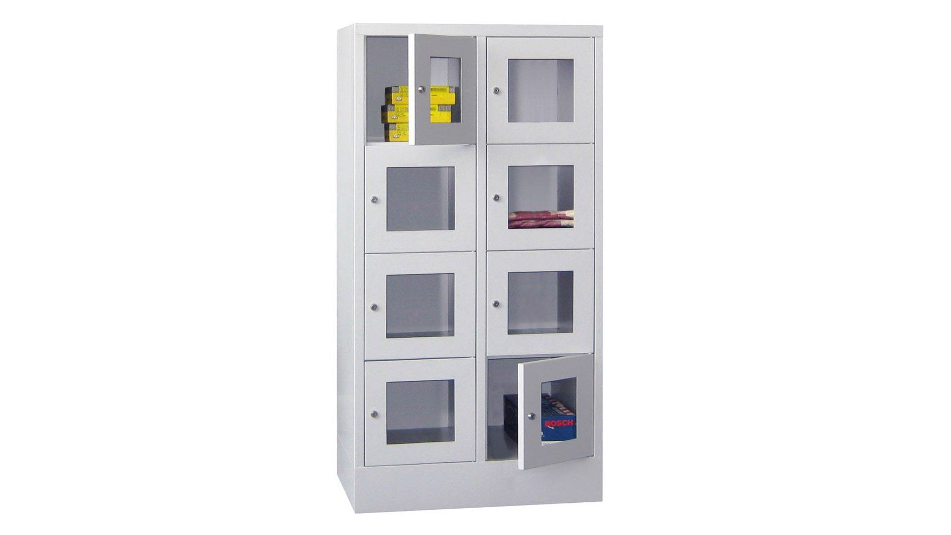 Fächerschränke mit Sichtfenstertüren, Breite 80 cm, Höhe 151,8 cm, Tiefe 50 cm, 2x4 Fächer