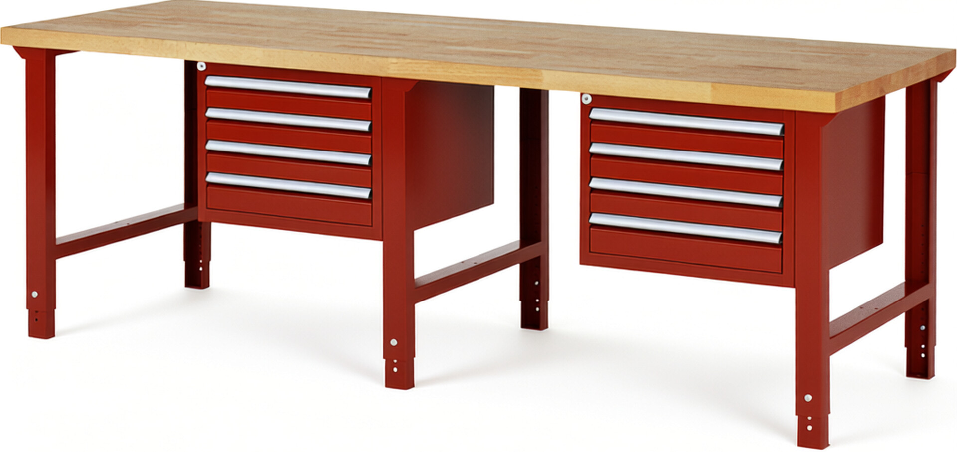 Werkbank Modell 7133 rot, BxTxH 2500x900x790-1140 mm,  Buche-Massiv Arbeitsplatte 40 mm,  8 Schubladen mit  Vollauszug 100 % und  SoftClosing