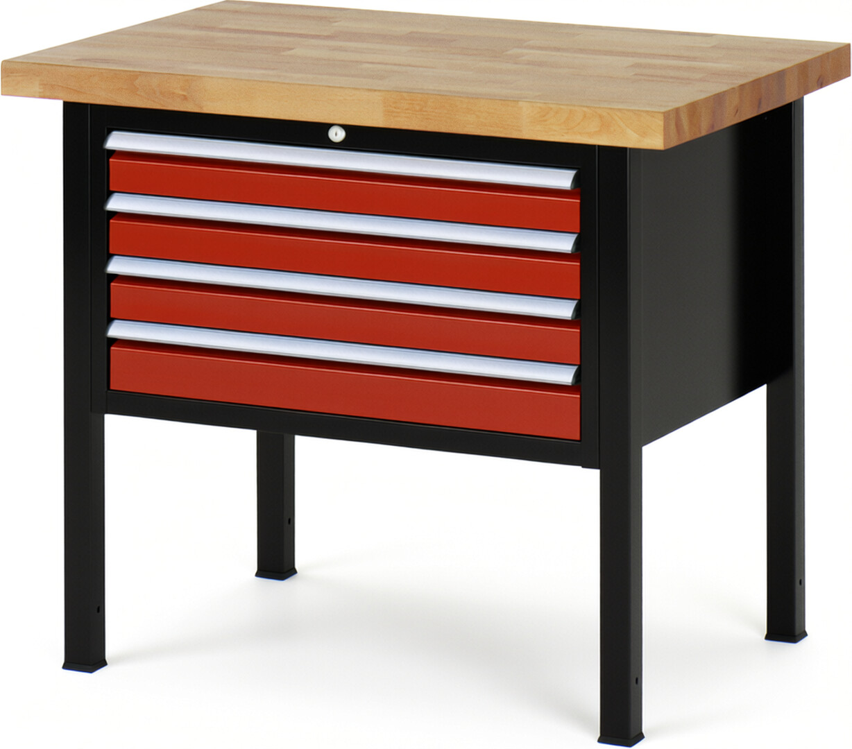 RAU Werkbank schwarz - rot - Breite 100 cm - Tiefe 70 cm - Höhe 104 cm - Buche-Massiv Arbeitsplatte 40 mm