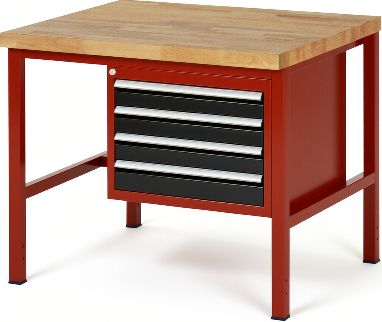 Werkbank Modell 8133 rot - schwarz, BxTxH 1000x900x840 mm,  Buche-Massiv Arbeitsplatte 40 mm,  4 Schubladen mit  Auszug 90 %