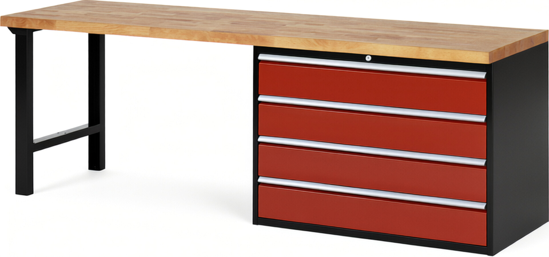 RAU Werkbank schwarz - rot - Breite 250 cm - Tiefe 70 cm - Höhe 89 cm - Buche-Massiv Arbeitsplatte 40 mm
