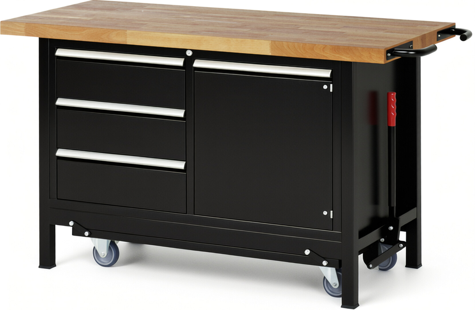 Absenkbare Werkbank Modell 8468 schwarz, BxTxH 1500x700x880 mm,  Buche-Massiv Arbeitsplatte 40 mm,  3 Schubladen mit  Vollauszug 100 % und  SoftClosing