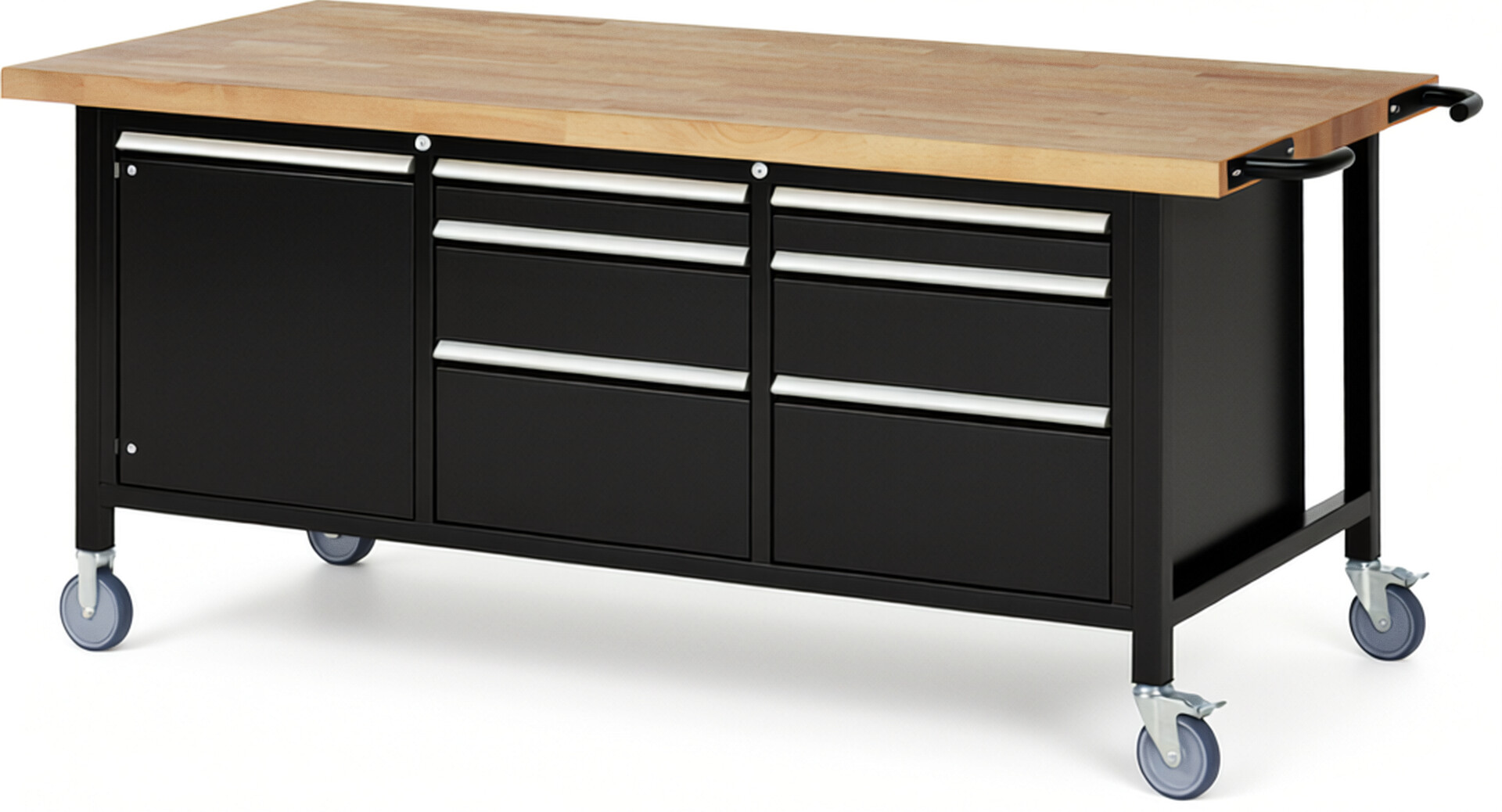 Fahrbare Werkbank Modell 8570 schwarz, BxTxH 2000x900x880 mm,  Buche-Massiv Arbeitsplatte 40 mm,  6 Schubladen mit  Vollauszug 100 % und  SoftClosing