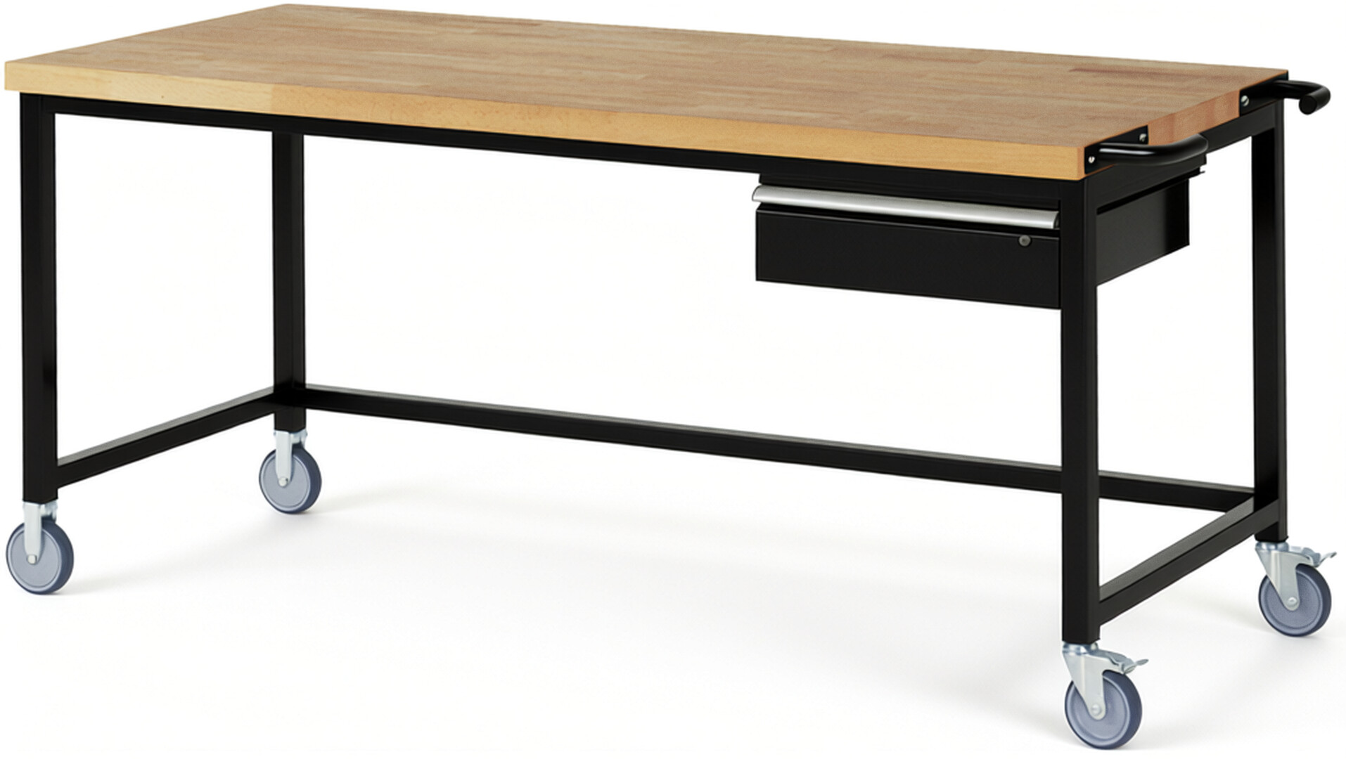 Fahrbare Werkbank Modell 8001 schwarz, BxTxH 2000x900x880-1080 mm,  Buche-Massiv Arbeitsplatte 40 mm,  1 Schublade mit  Auszug 90 %