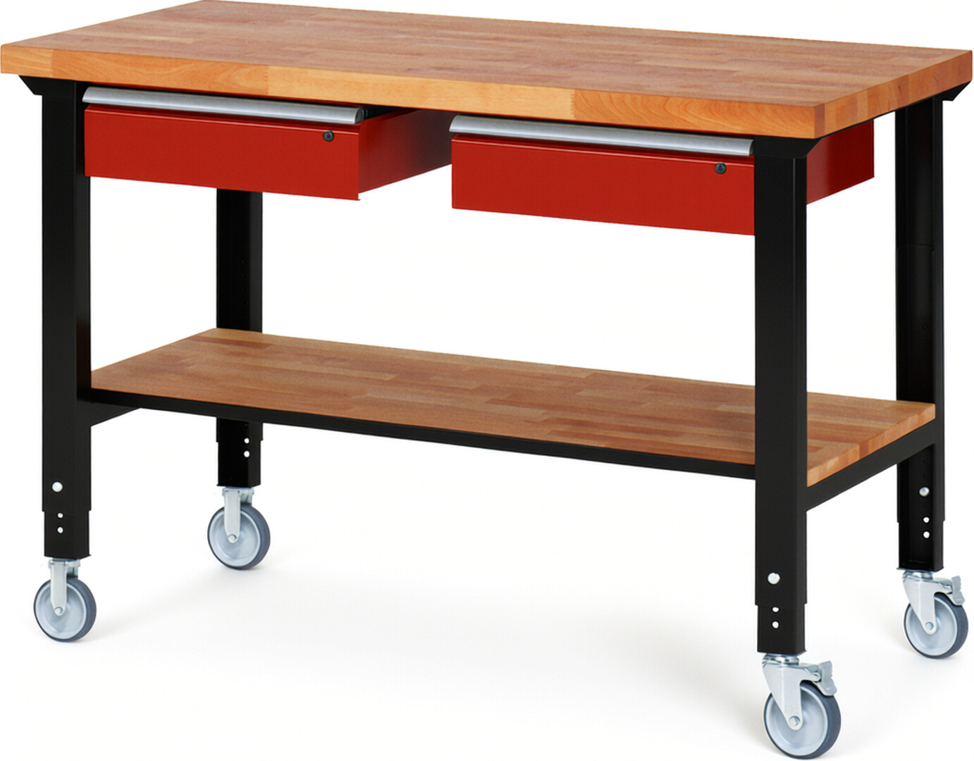 RAU Werkbank schwarz - rot - Breite 150 cm - Tiefe 70 cm - Höhe 100 cm - Buche-Massiv Arbeitsplatte 40 mm
