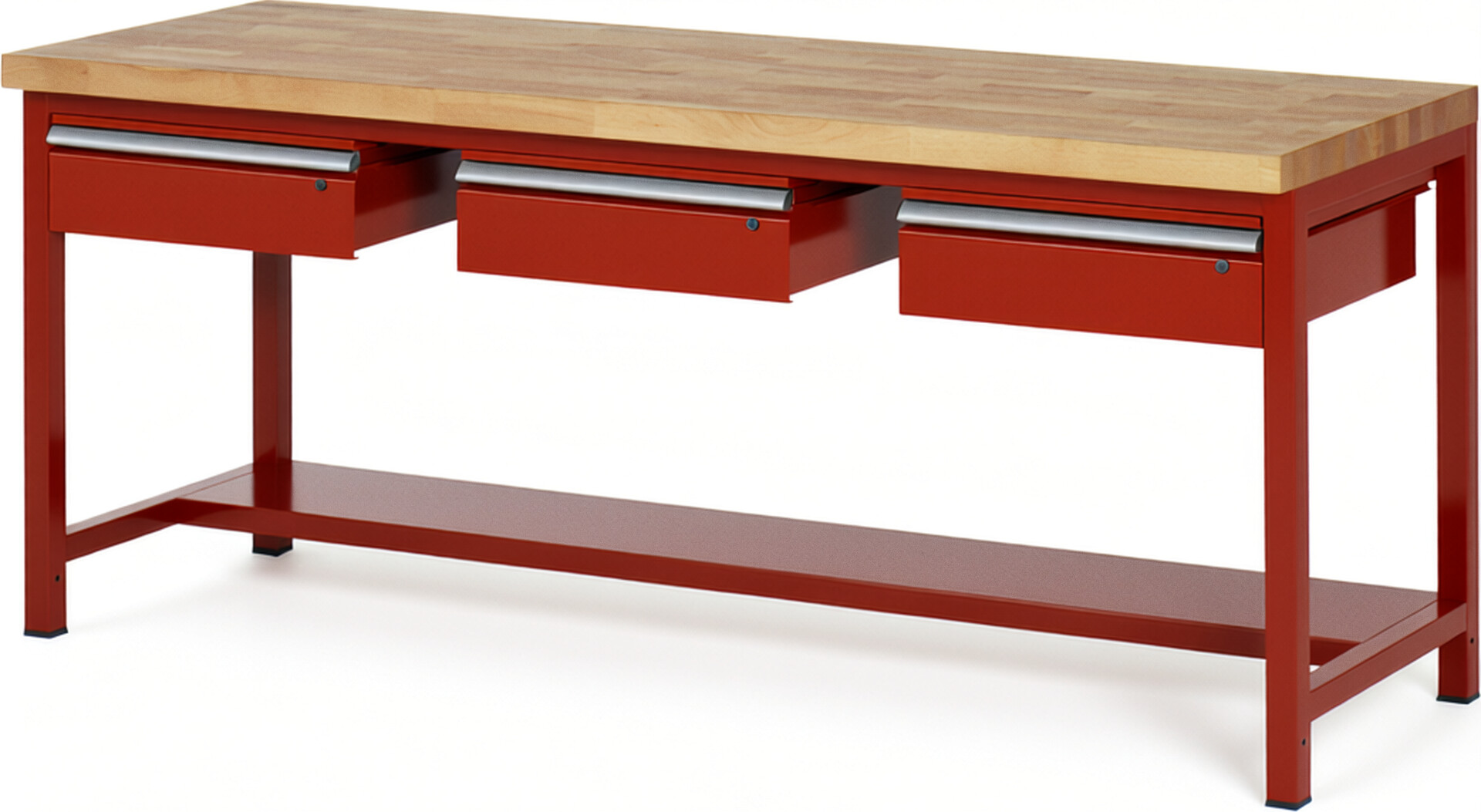 Werkbank Modell 8003 rot, BxTxH 2000x700x840 mm,  Buche-Massiv Arbeitsplatte 40 mm,  3 Schubladen mit  Auszug 90 %