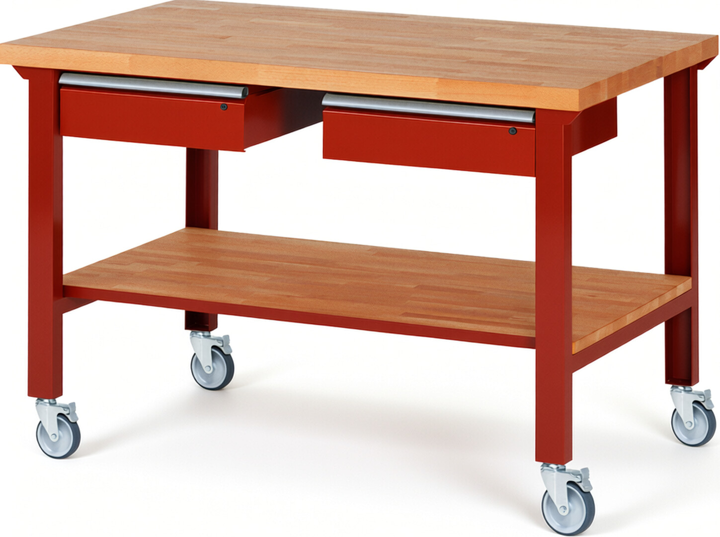 Fahrbare Werkbank Modell 7002 rot, BxTxH 1500x900x1000 mm,  Buche-Massiv Arbeitsplatte 40 mm,  2 Schubladen mit  Auszug 90 %