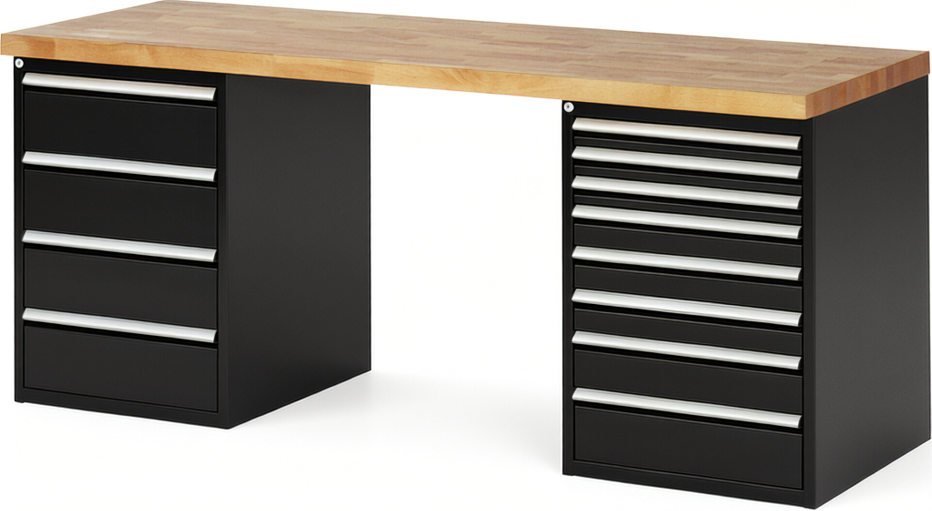 Werkbank Modell 7822 schwarz, BxTxH 2000x700x890 mm,  Buche-Massiv Arbeitsplatte 40 mm,  12 Schubladen mit  Vollauszug 100 % und  SoftClosing