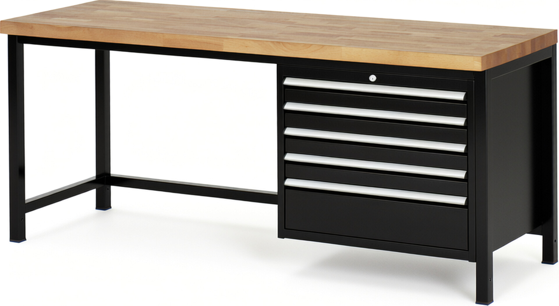 Werkbank Modell 8268 schwarz, BxTxH 2000x700x840 mm,  Buche-Massiv Arbeitsplatte 40 mm,  5 Schubladen mit  Vollauszug 100 % und  SoftClosing